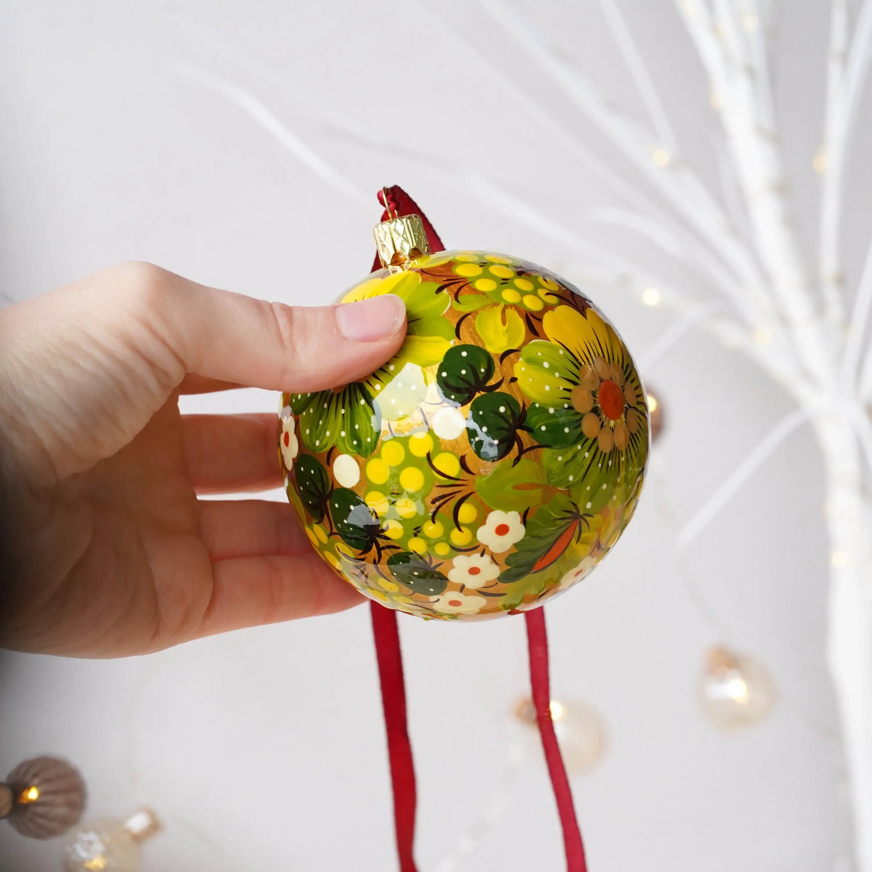 Hand-painted Ukrainian Christmas Ball Ornament 3.14 in - Handmade Petrykivka Art Green & Golden Flower Christmas Tree Decoration