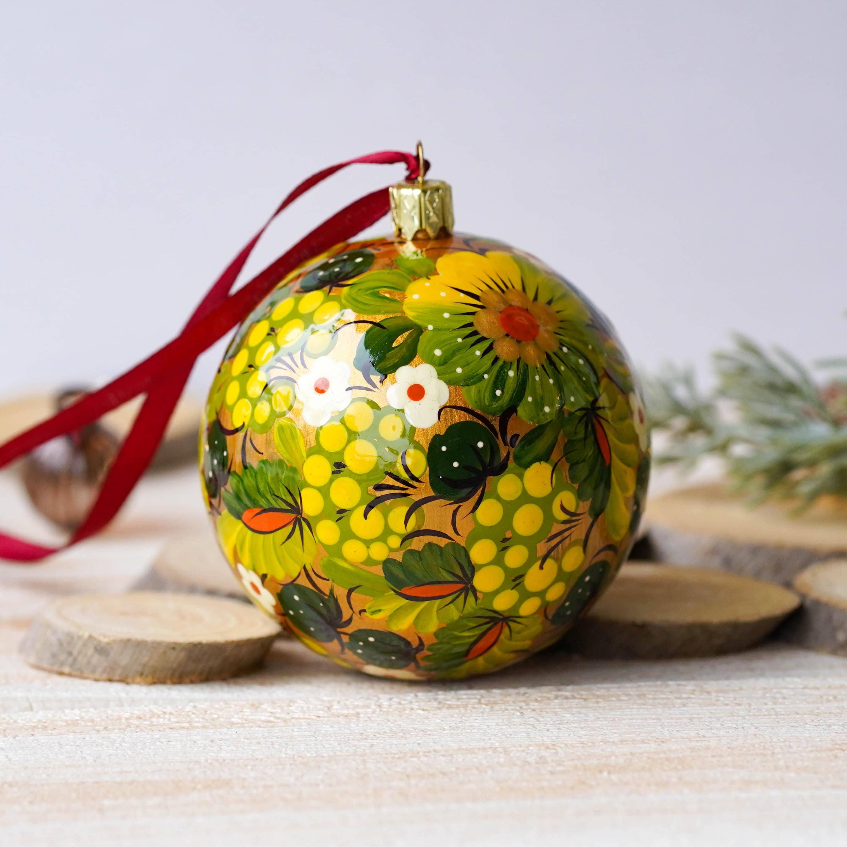 Hand-painted Ukrainian Christmas Ball Ornament 3.14 in - Handmade Petrykivka Art Green & Golden Flower Christmas Tree Decoration