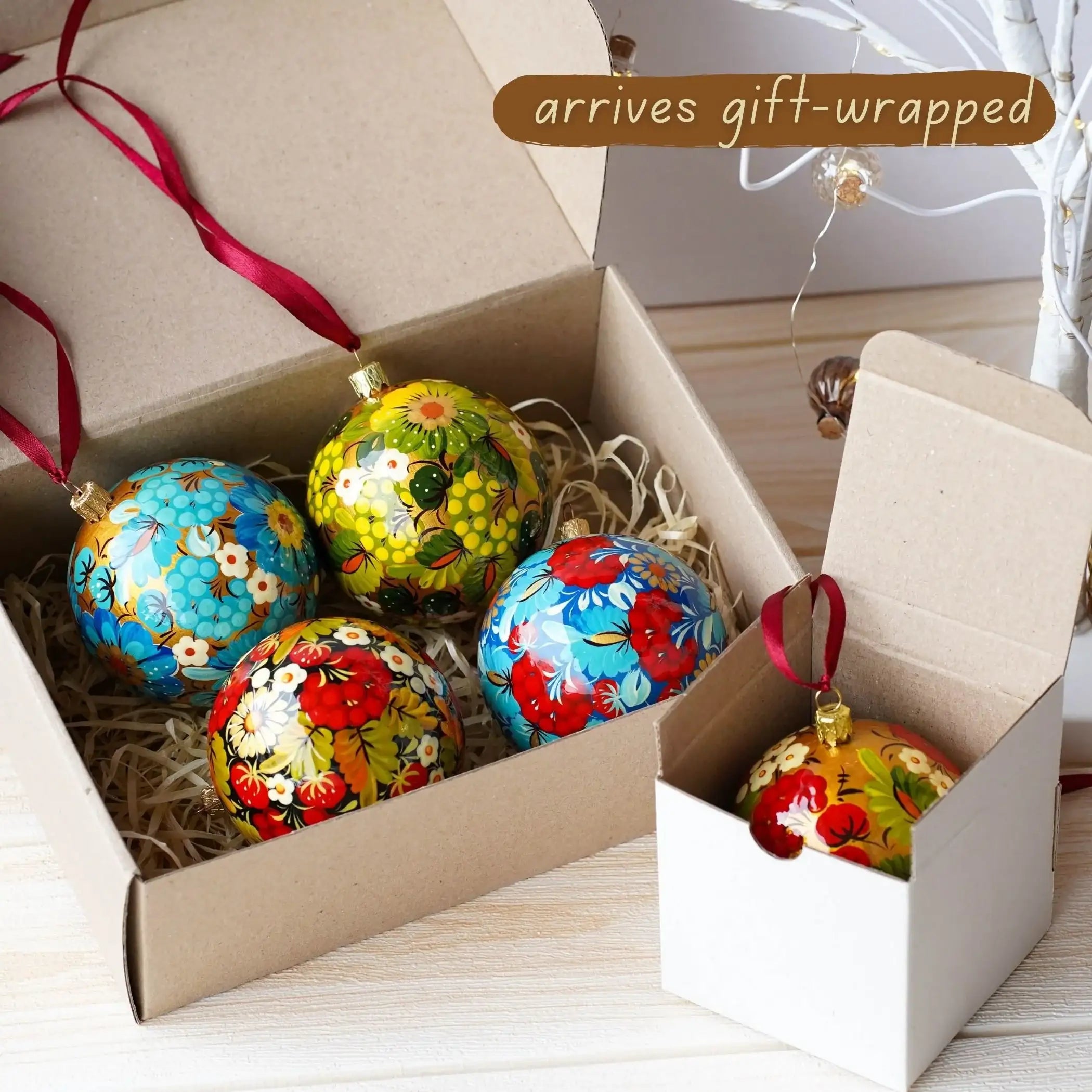 Hand-painted Ukrainian Christmas Ball Ornament 3.14 in - Handmade Petrykivka Art Green & Red Flower Christmas Tree Decoration