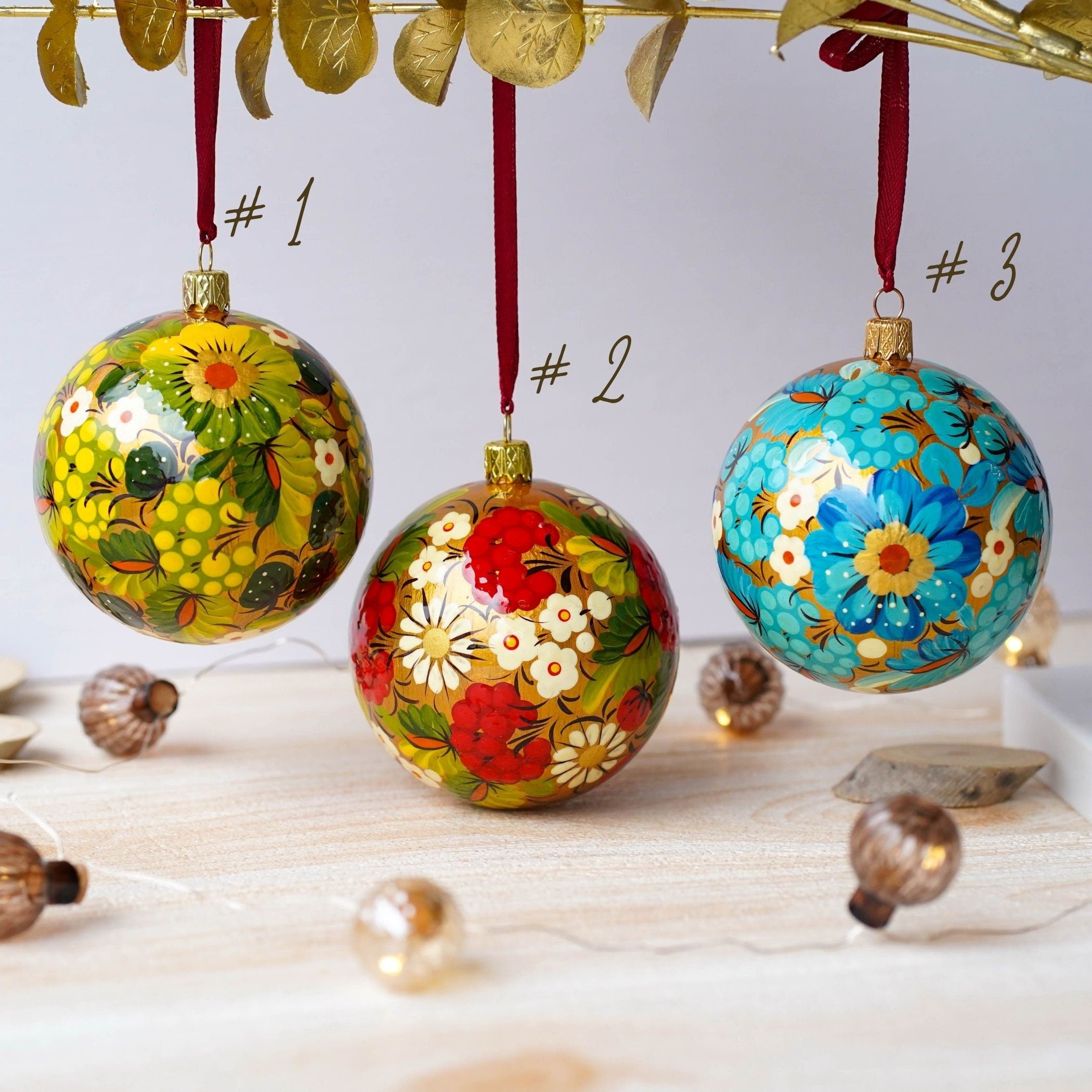 Hand-painted Ukrainian Christmas Ball Ornament 3.14 in - Handmade Petrykivka Art Green & Red Flower Christmas Tree Decoration