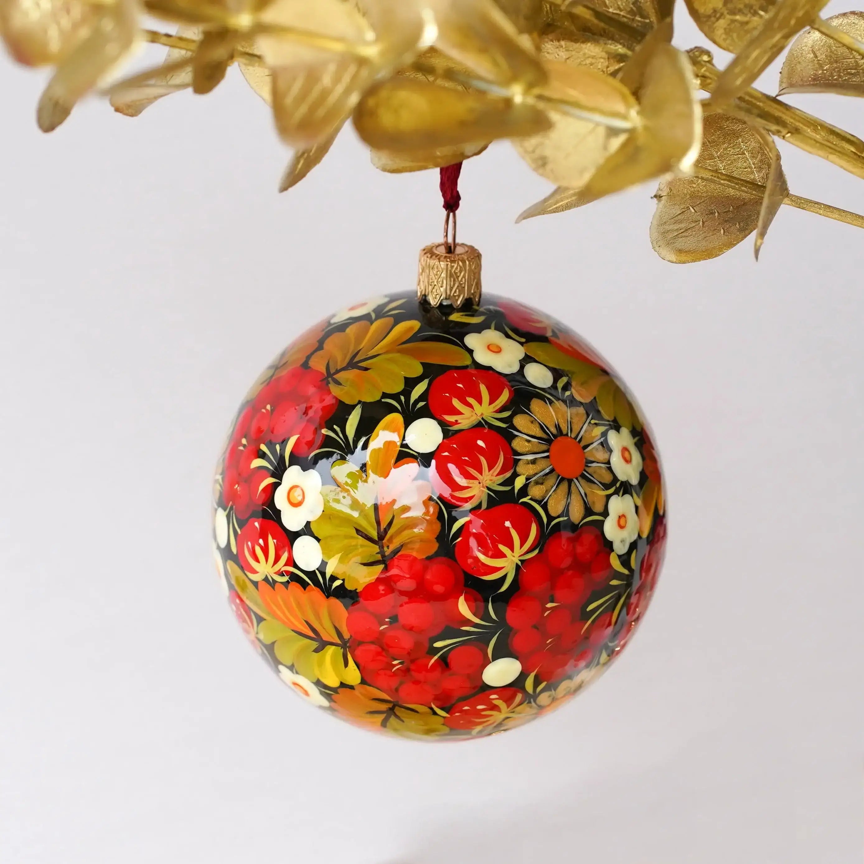 Hand-painted Ukrainian Christmas Ball Ornament 3.14 in - Handmade Petrykivka Art Red Flower Hanging Ornament, Folk Christmas Tree Decoration