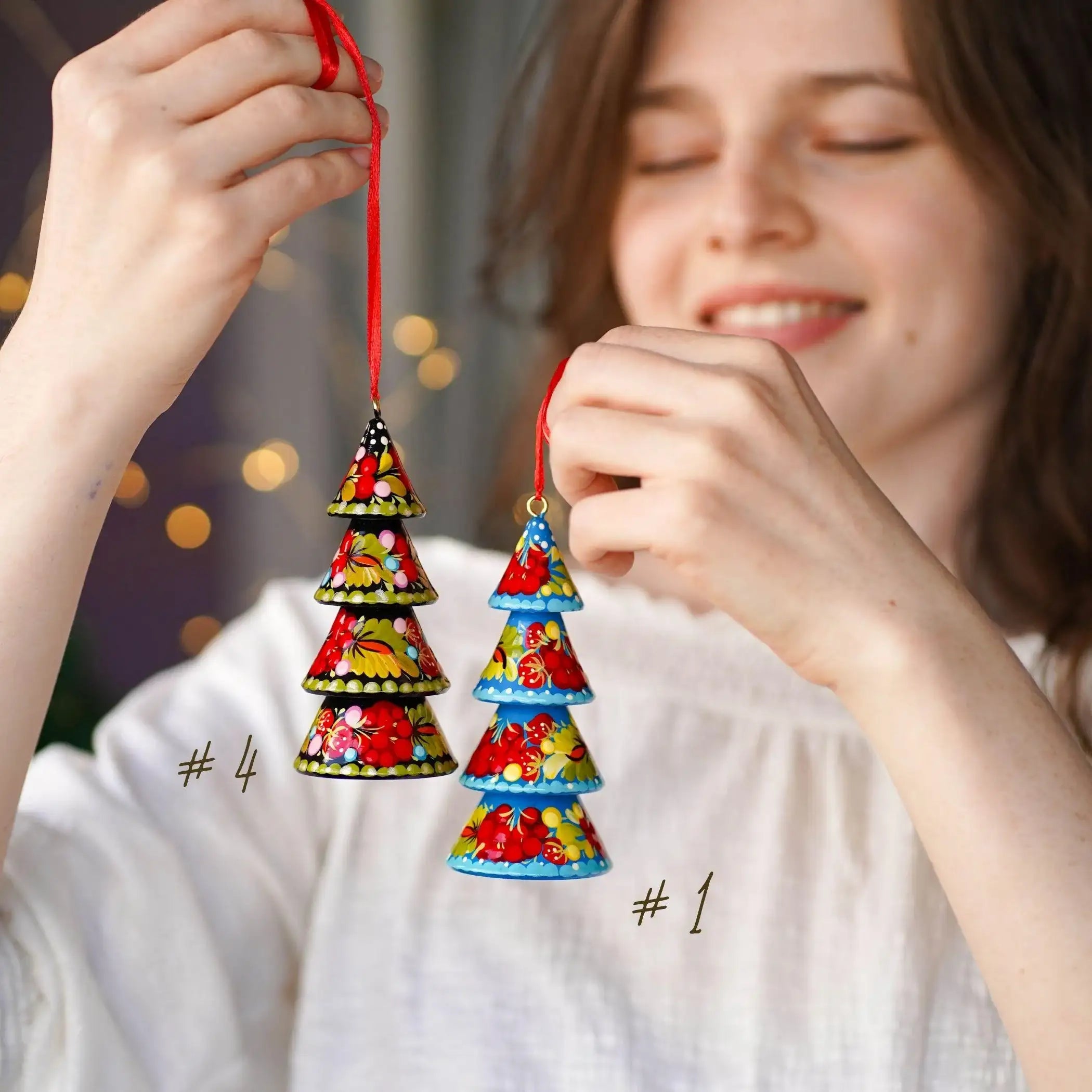 Hand-painted Wooden Christmas Tree-Shaped Ornament - Handmade Ukrainian Petrykivka Art Christmas Decoration, Red & Blue Dimensional Tree