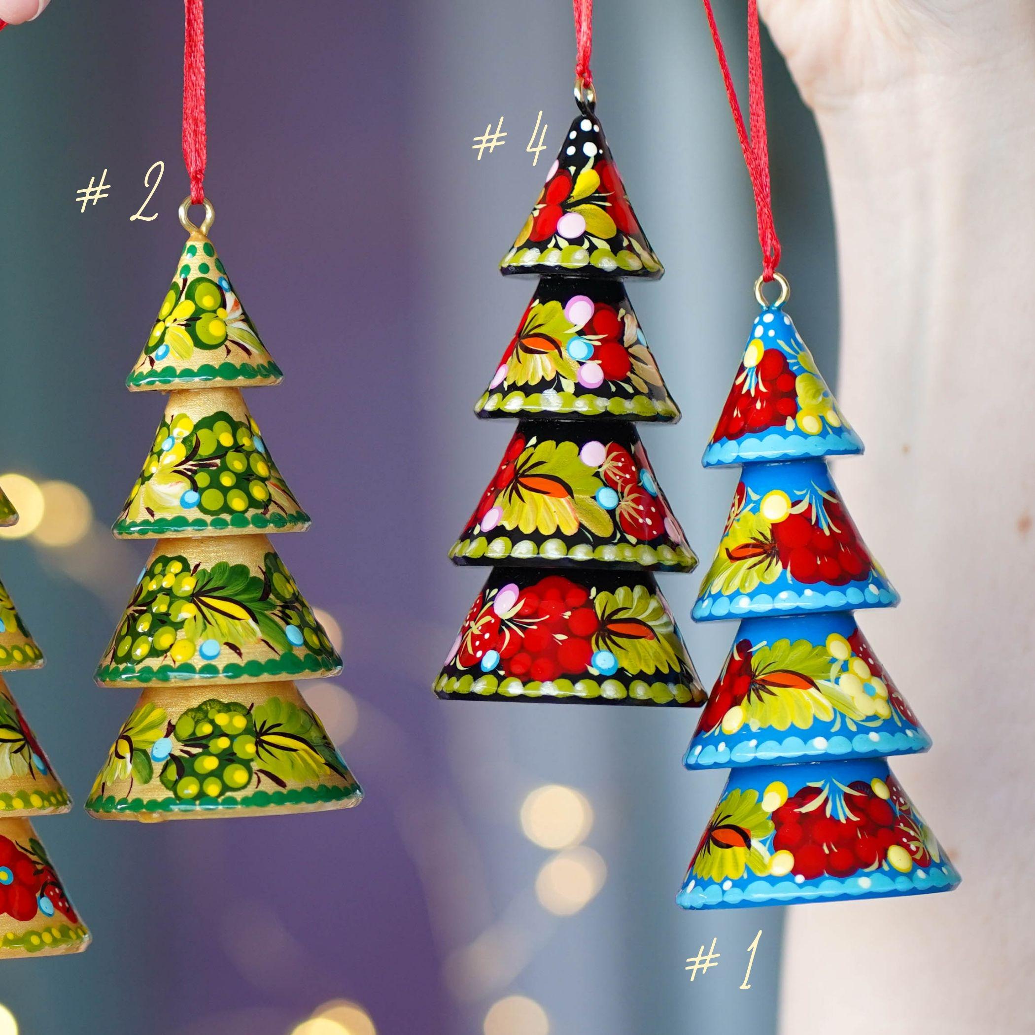 Hand-painted Wooden Christmas Tree-Shaped Ornament - Handmade Ukrainian Petrykivka Art Christmas Decoration, Red & Blue Dimensional Tree