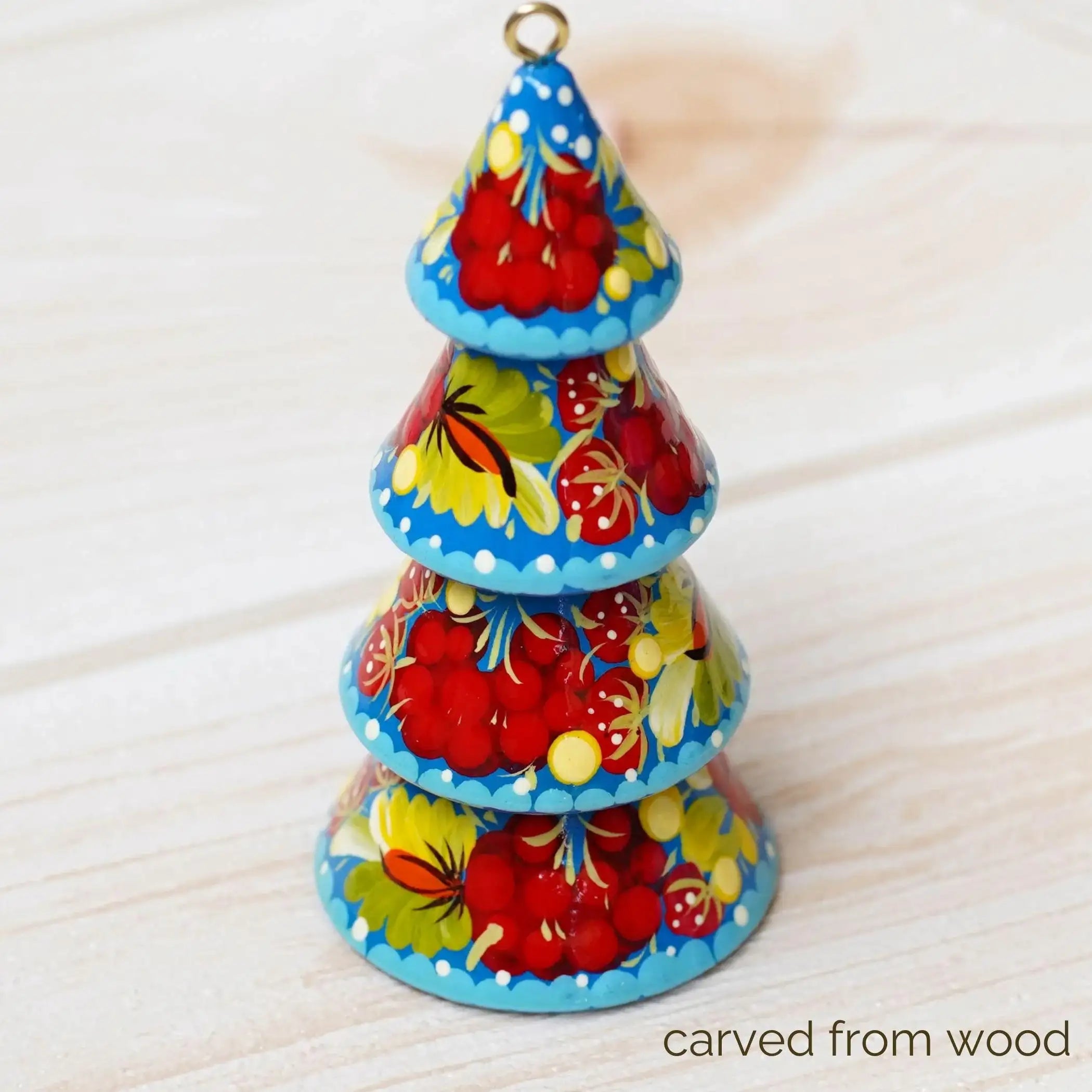 Hand-painted Wooden Christmas Tree-Shaped Ornament - Handmade Ukrainian Petrykivka Art Christmas Decoration, Red & Blue Dimensional Tree