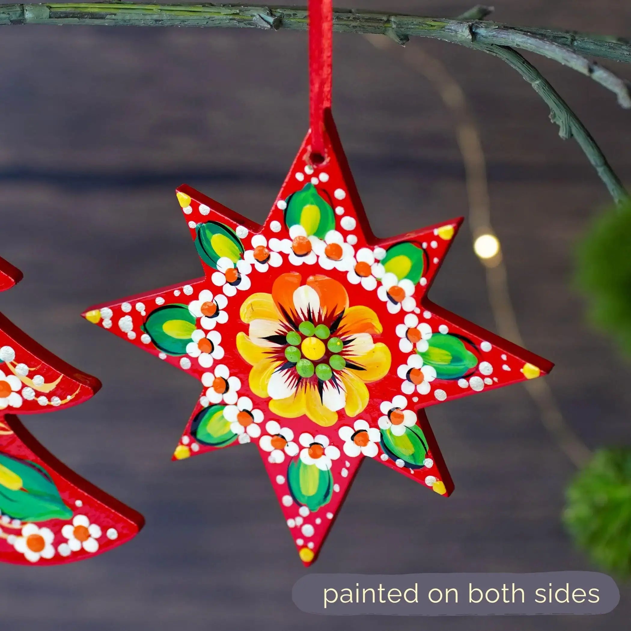 Set of 4 Hand-painted Wooden Star Christmas Ornaments - Handmade Ukrainian Pertykivka Christmas Tree Decorations, Flower Hanging Ornaments