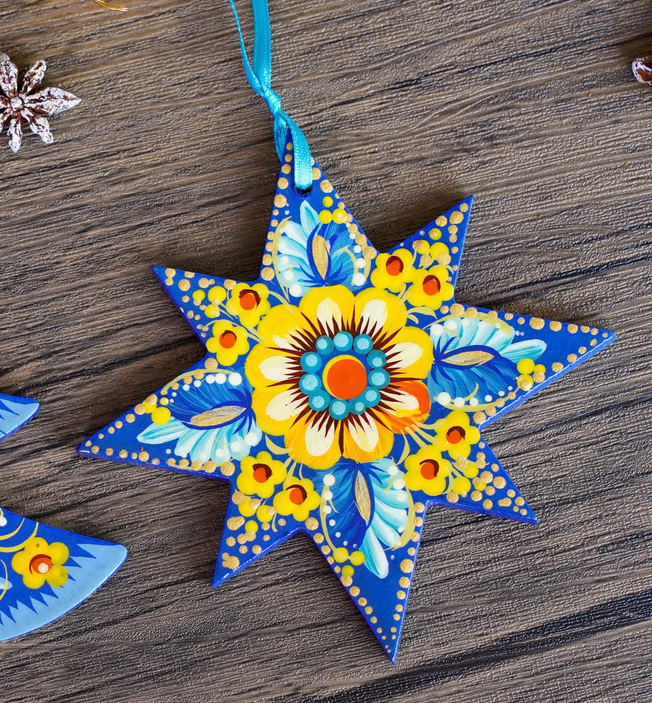 Set of 4 Hand-painted Wooden Star Christmas Ornaments - Handmade Ukrainian Pertykivka Christmas Tree Decorations, Flower Hanging Ornaments
