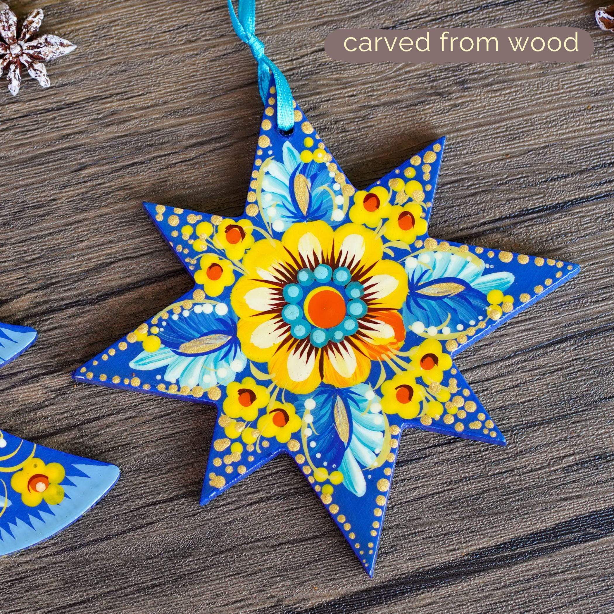 Set of 4 Hand-painted Wooden Star Christmas Ornaments - Handmade Ukrainian Pertykivka Christmas Tree Decorations, Flower Hanging Ornaments