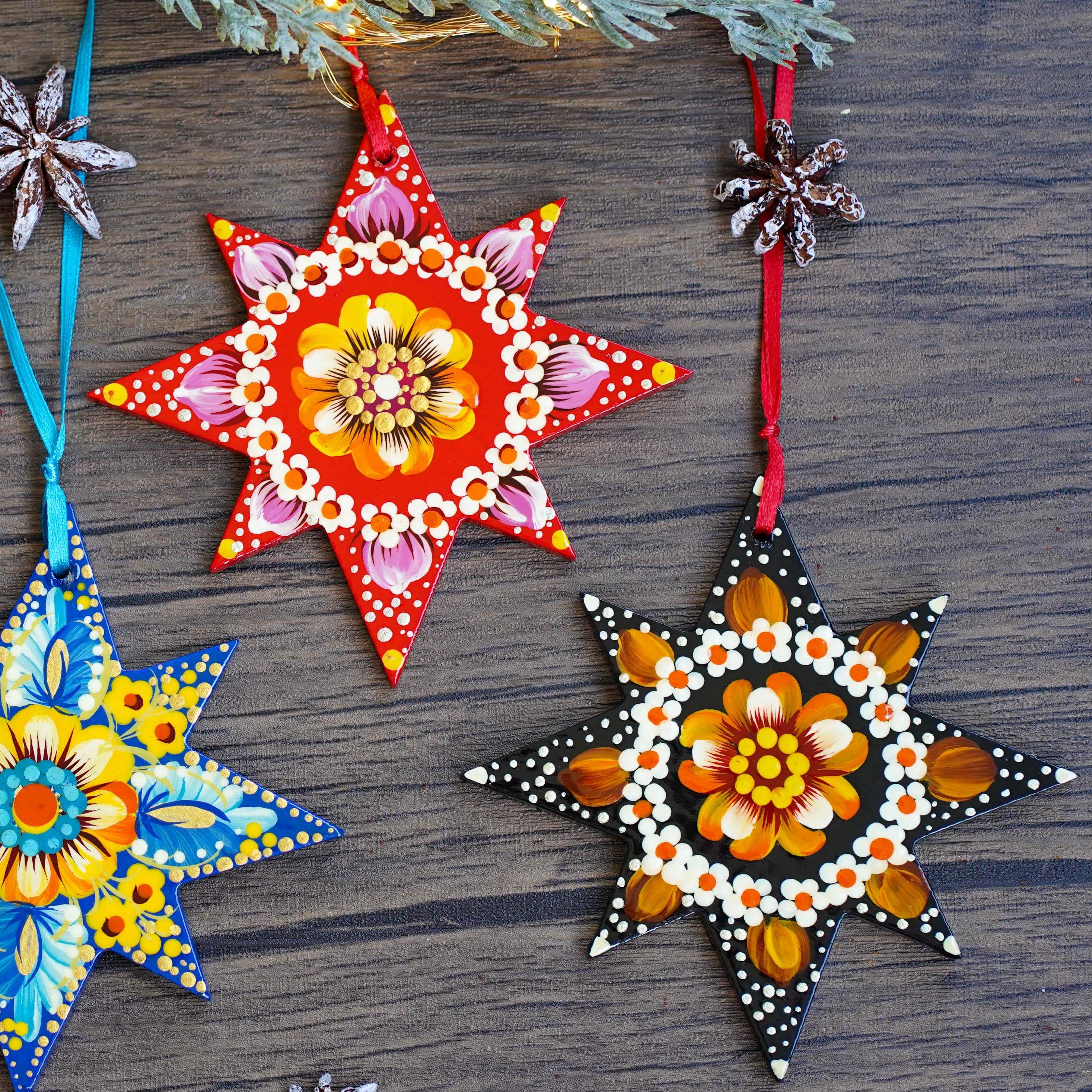 Set of 4 Hand-painted Wooden Star Christmas Ornaments - Handmade Ukrainian Pertykivka Christmas Tree Decorations, Flower Hanging Ornaments