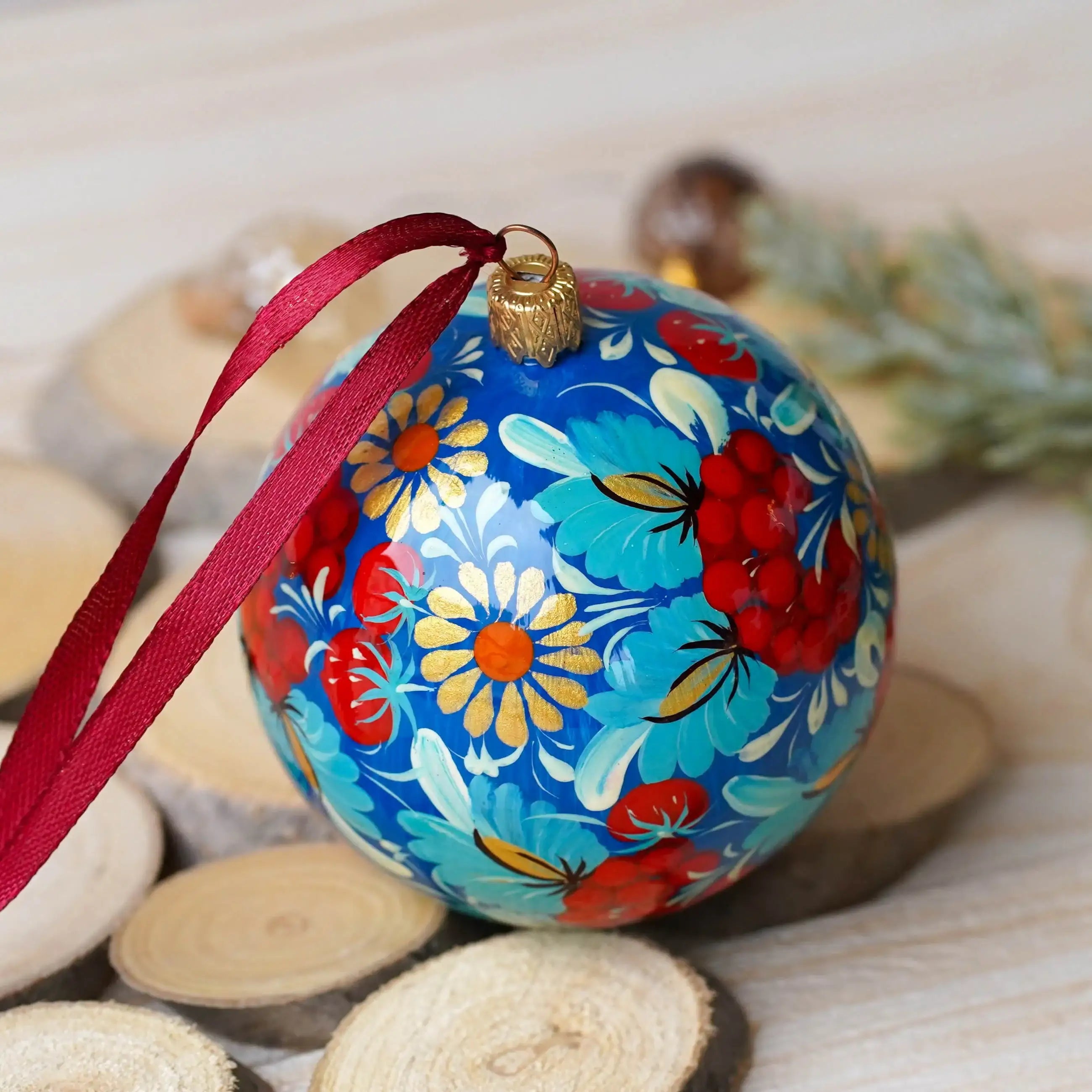 Hand-painted Ukrainian Christmas Ball Ornament 3.14 in - Handmade Petrykivka Blue & Red Flower Hanging Ornament, Christmas Tree Decoration