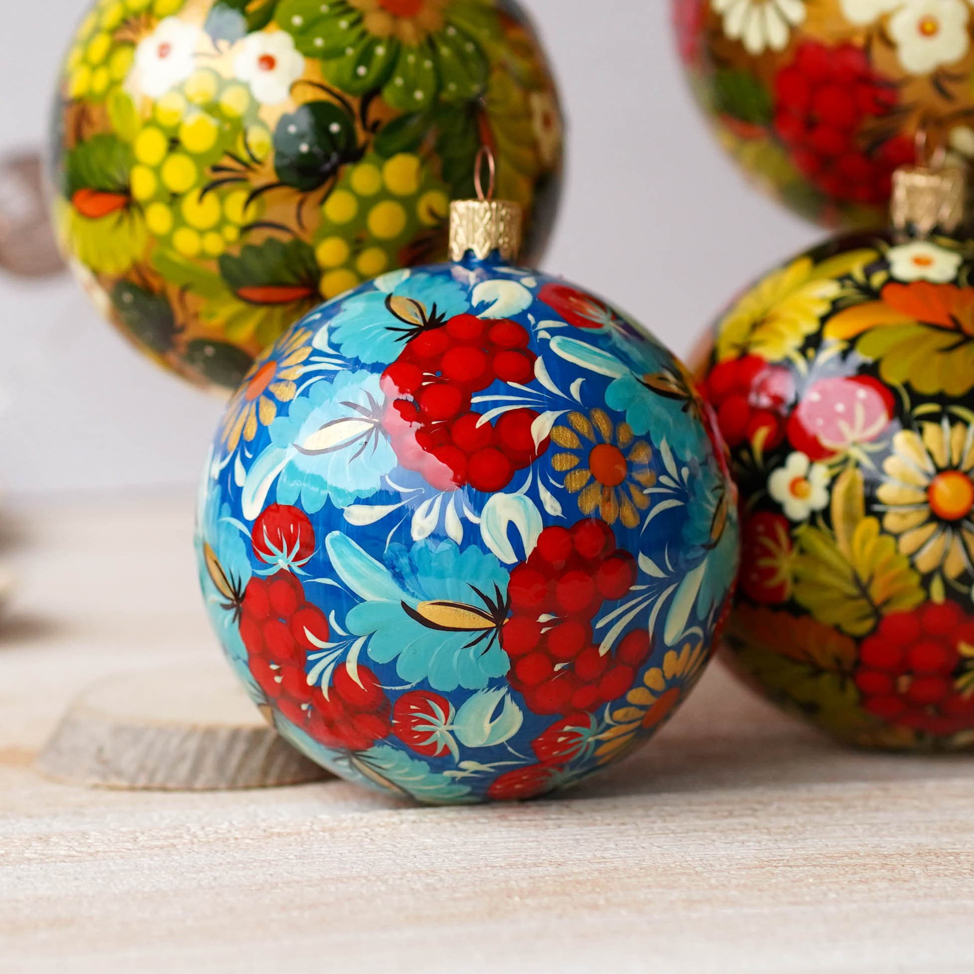 Hand-painted Ukrainian Christmas Ball Ornament 3.14 in - Handmade Petrykivka Blue & Red Flower Hanging Ornament, Christmas Tree Decoration