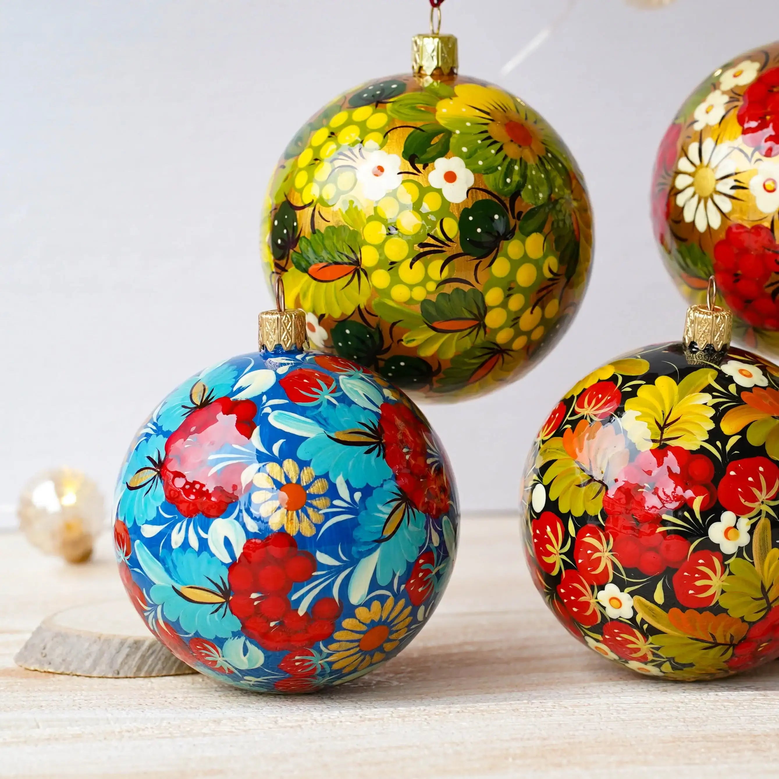 Hand-painted Ukrainian Christmas Ball Ornament 3.14 in - Handmade Petrykivka Blue & Red Flower Hanging Ornament, Christmas Tree Decoration