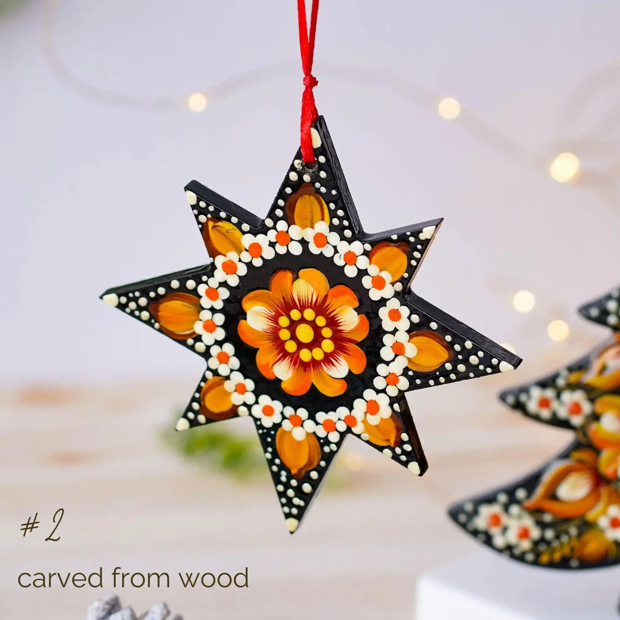 Hand-painted Wooden Star Christmas Ornament - Handmade Ukrainian Pertykivka Christmas Tree Decoration, Blue & Yellow Flower Hanging Ornament