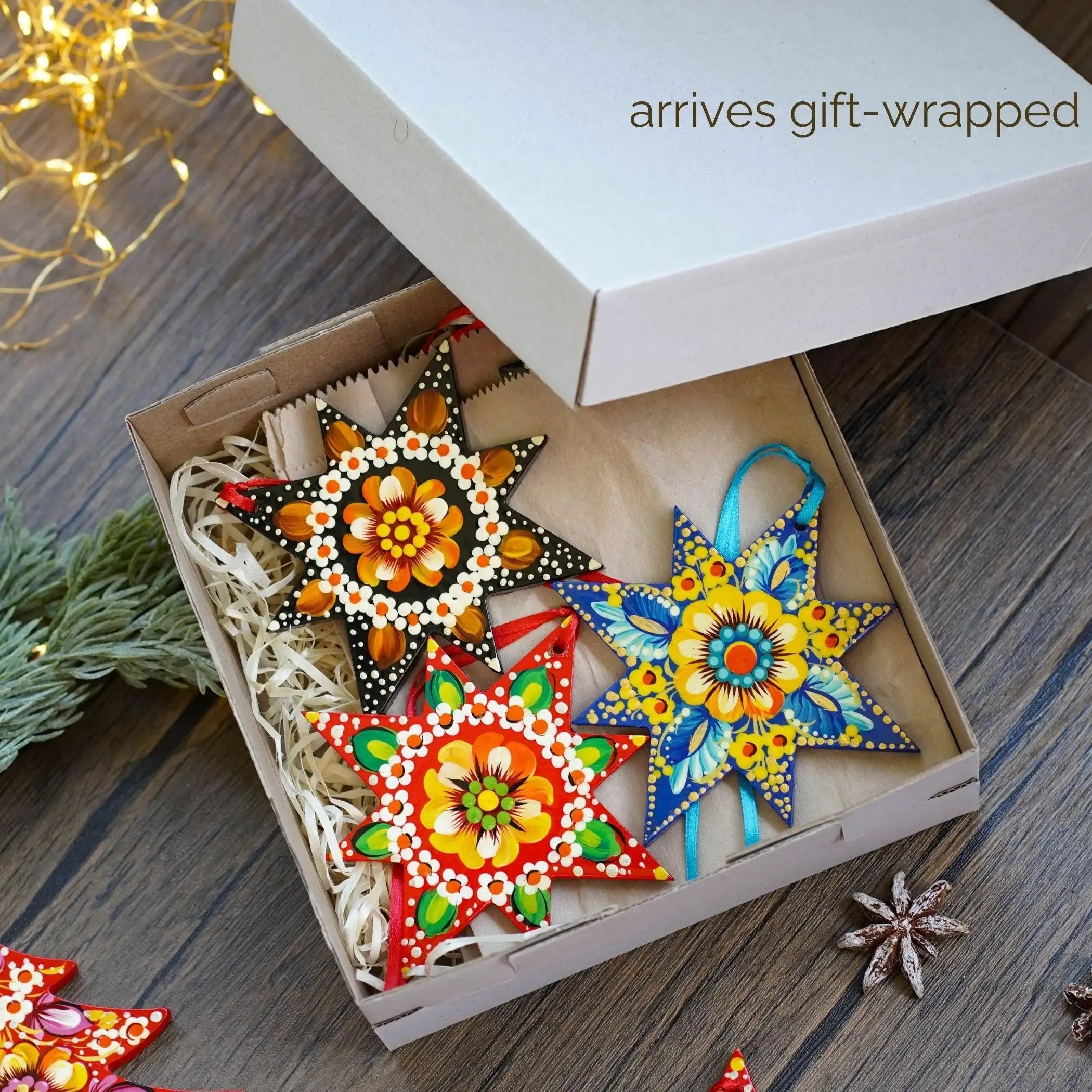 Hand-painted Wooden Star Christmas Ornament - Handmade Ukrainian Pertykivka Christmas Tree Decoration, Blue & Yellow Flower Hanging Ornament