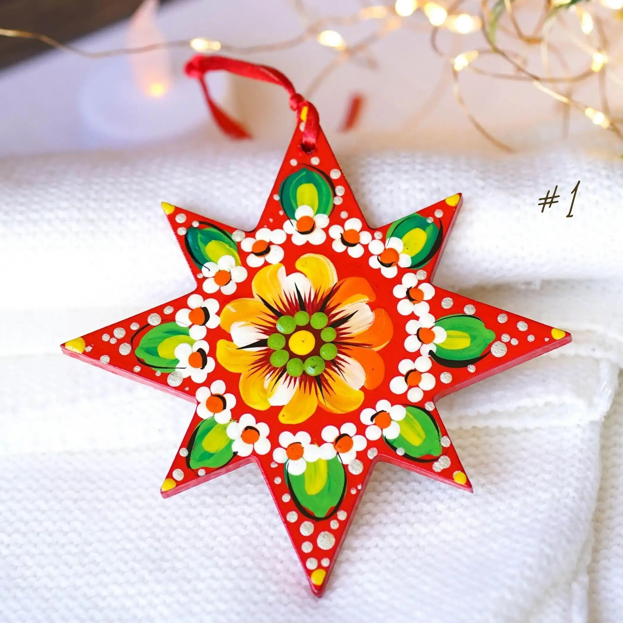 Hand-painted Wooden Star Christmas Ornament - Handmade Ukrainian Pertykivka Christmas Tree Decoration, Red & Green Flower Hanging Ornament
