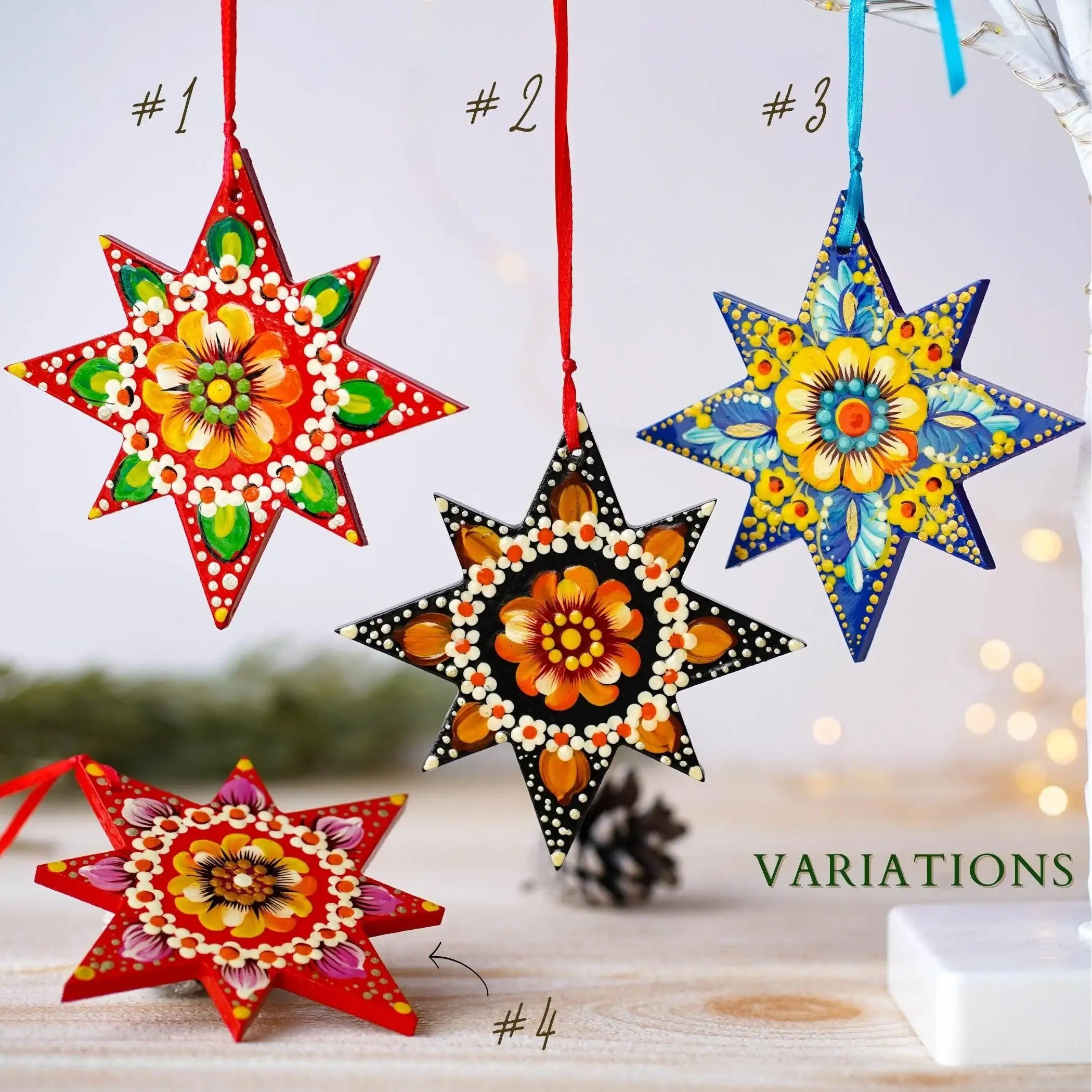 Hand-painted Wooden Star Christmas Ornament - Handmade Ukrainian Pertykivka Christmas Tree Decoration, Red & Green Flower Hanging Ornament