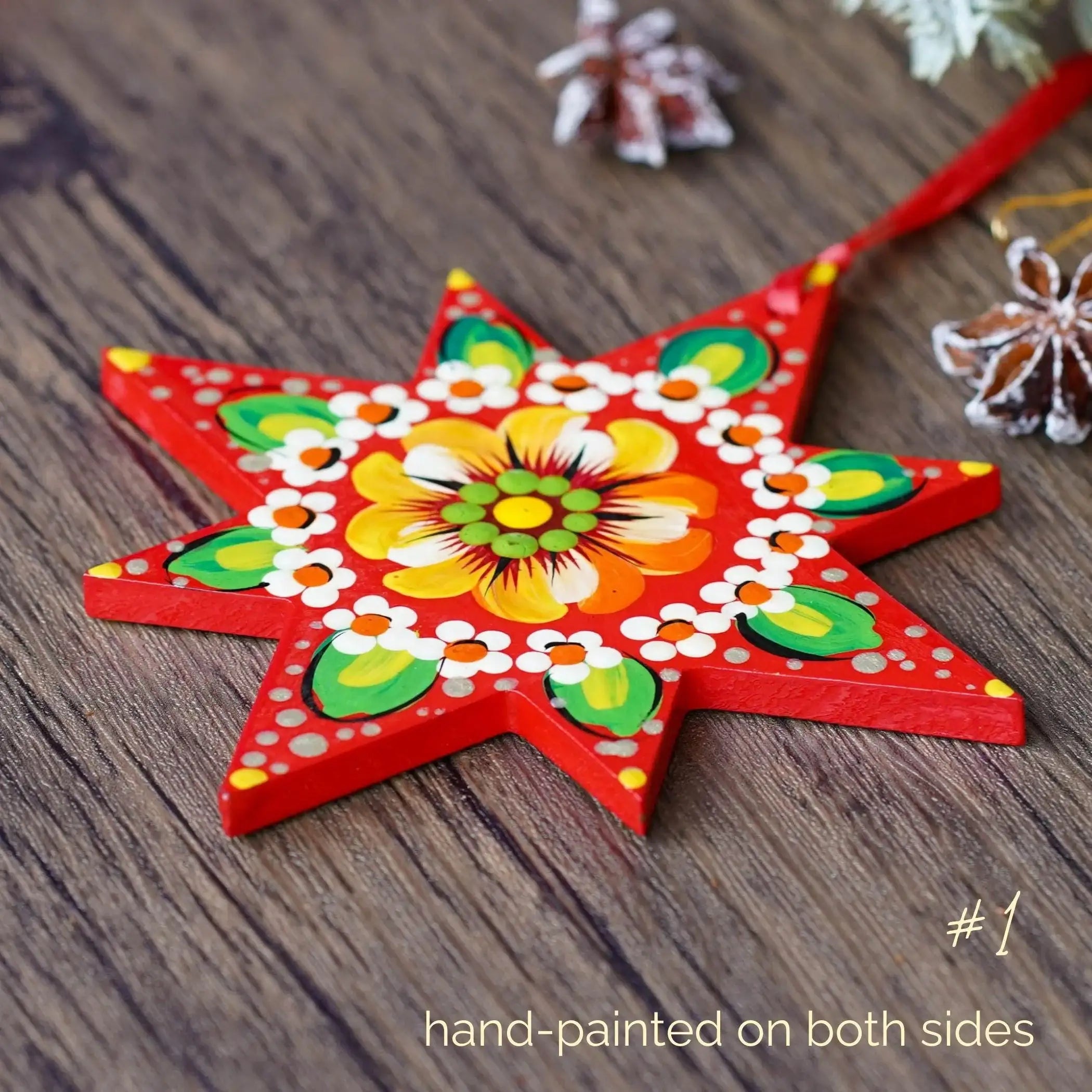 Hand-painted Wooden Star Christmas Ornament - Handmade Ukrainian Pertykivka Christmas Tree Decoration, Red & Green Flower Hanging Ornament