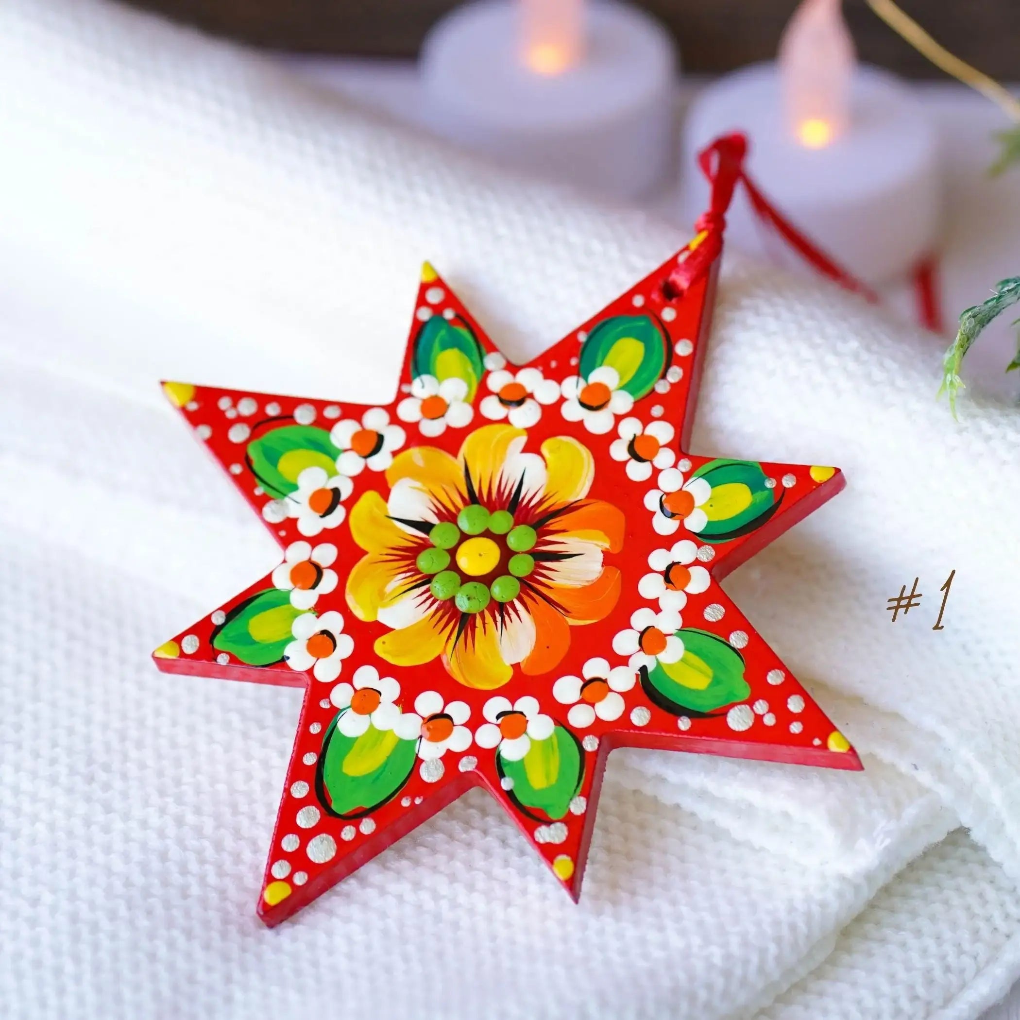 Hand-painted Wooden Star Christmas Ornament - Handmade Ukrainian Pertykivka Christmas Tree Decoration, Red & Green Flower Hanging Ornament
