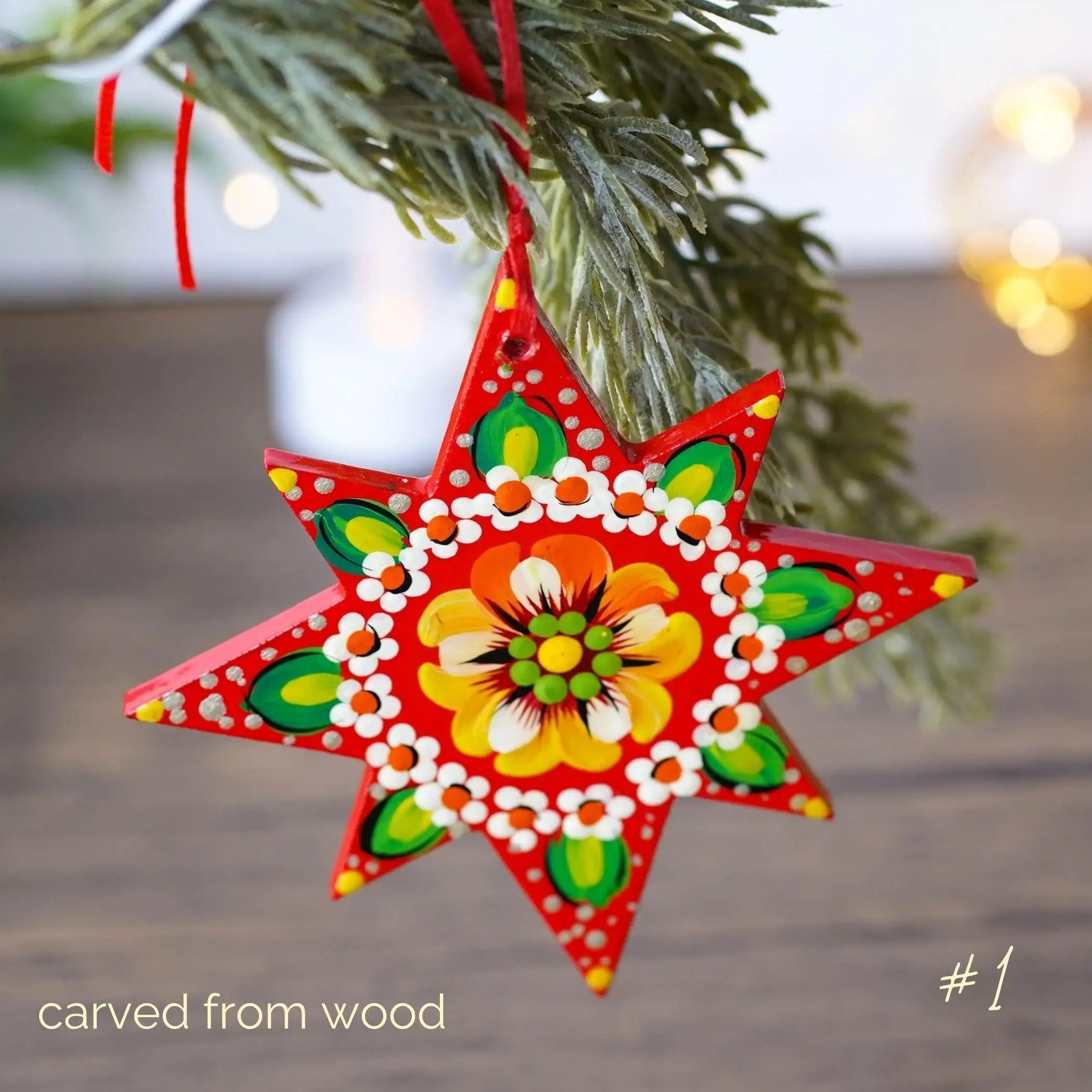 Hand-painted Wooden Star Christmas Ornament - Handmade Ukrainian Pertykivka Christmas Tree Decoration, Pink & Red Flower Hanging Ornament