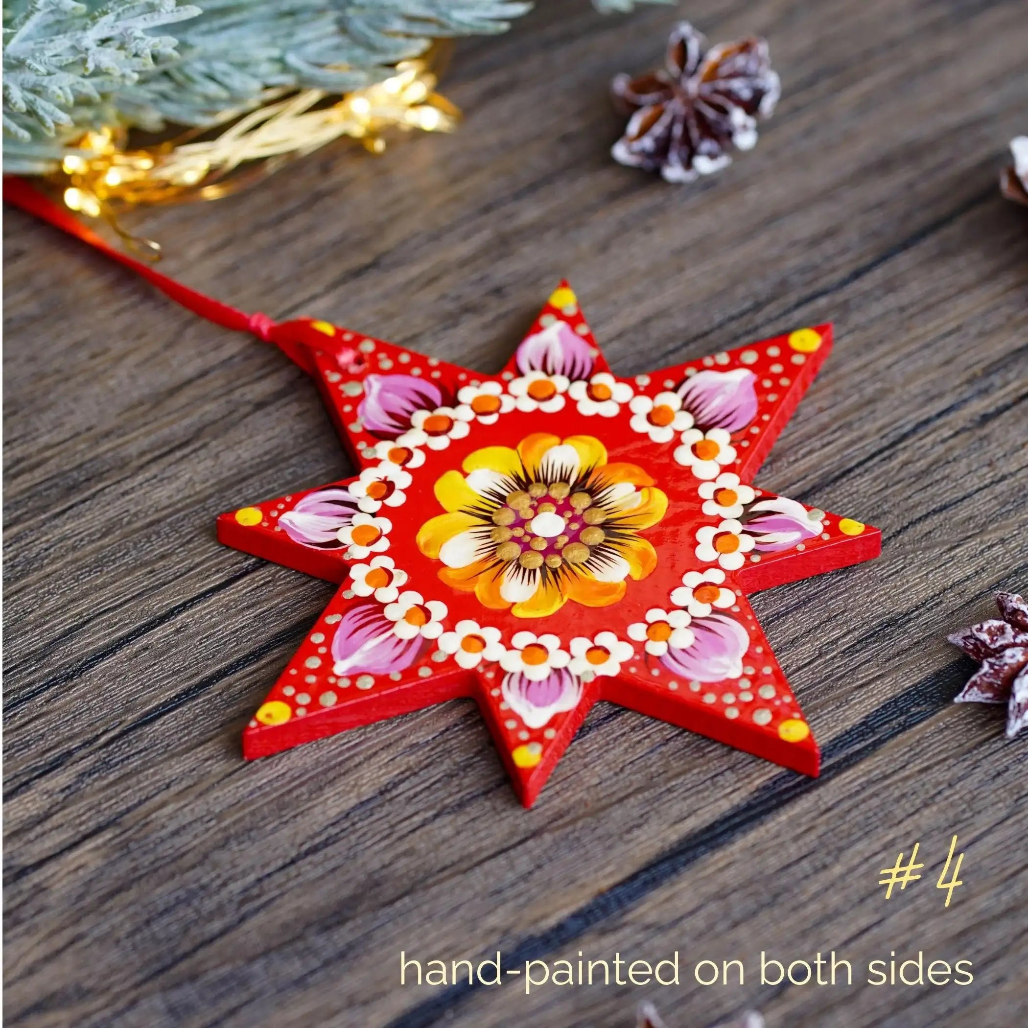 Hand-painted Wooden Star Christmas Ornament - Handmade Ukrainian Pertykivka Christmas Tree Decoration, Pink & Red Flower Hanging Ornament