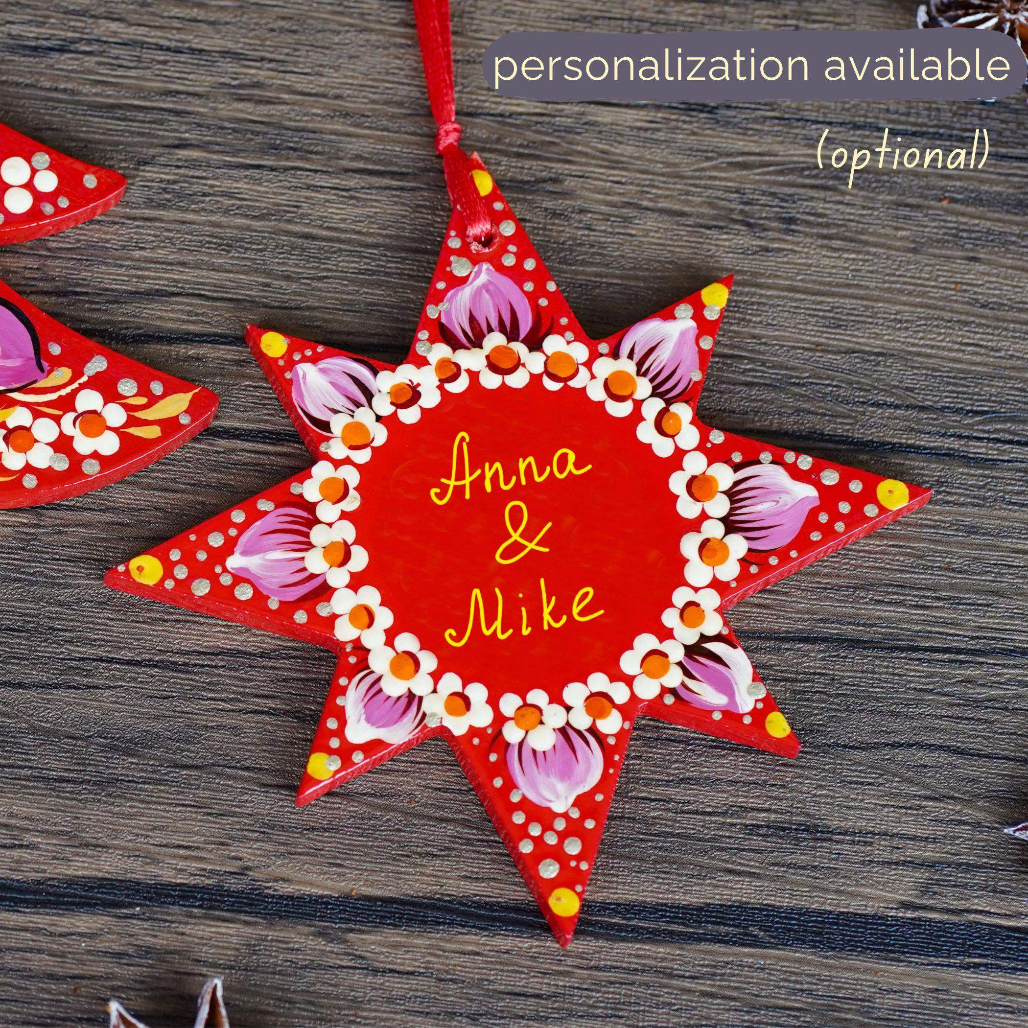 Hand-painted Wooden Star Christmas Ornament - Handmade Ukrainian Pertykivka Christmas Tree Decoration, Pink & Red Flower Hanging Ornament