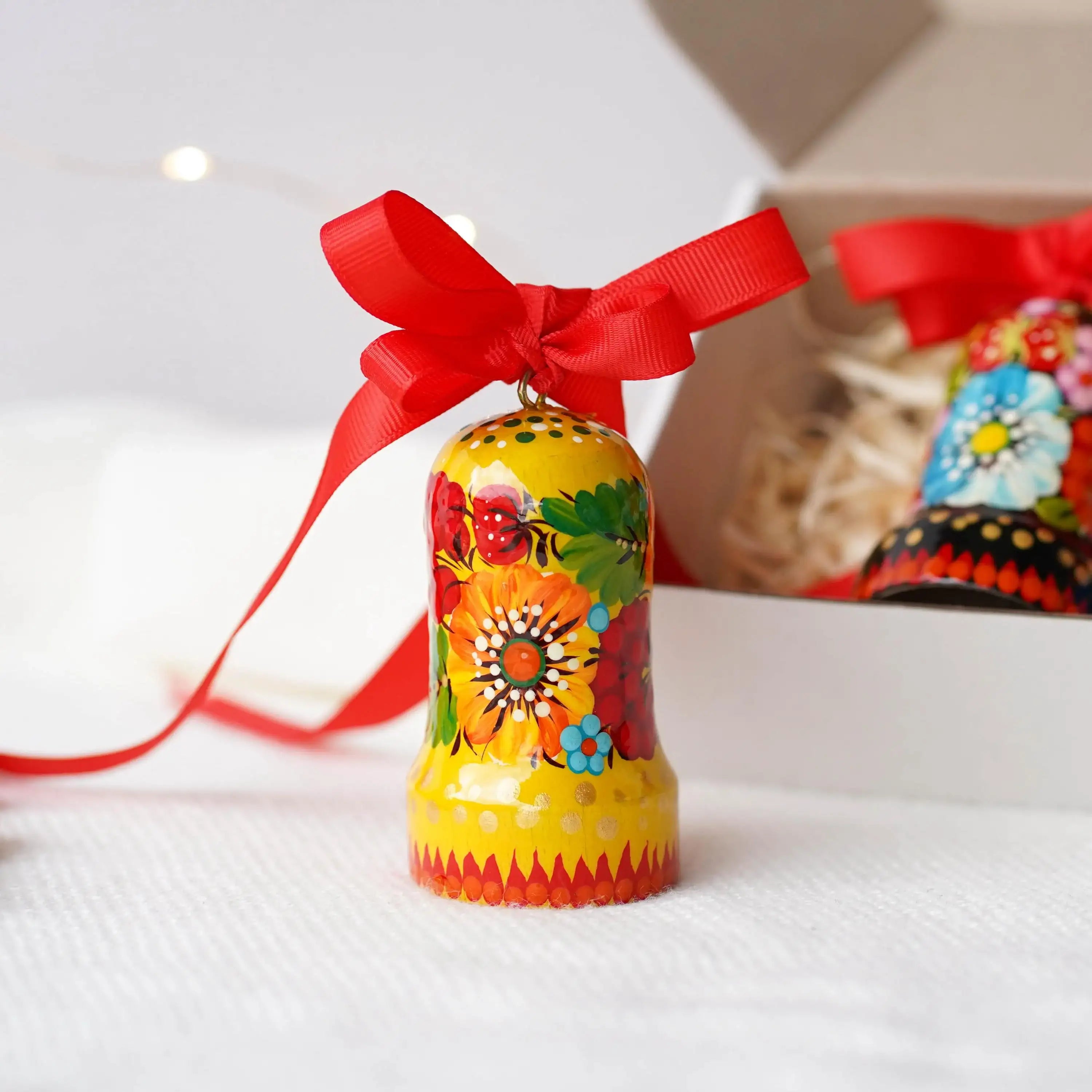 Painted Wooden Bell Christmas Ornament - Handmade Ukrainian Petrykivka Christmas Bells, Yellow & Red Flower Christmas Tree Decoration