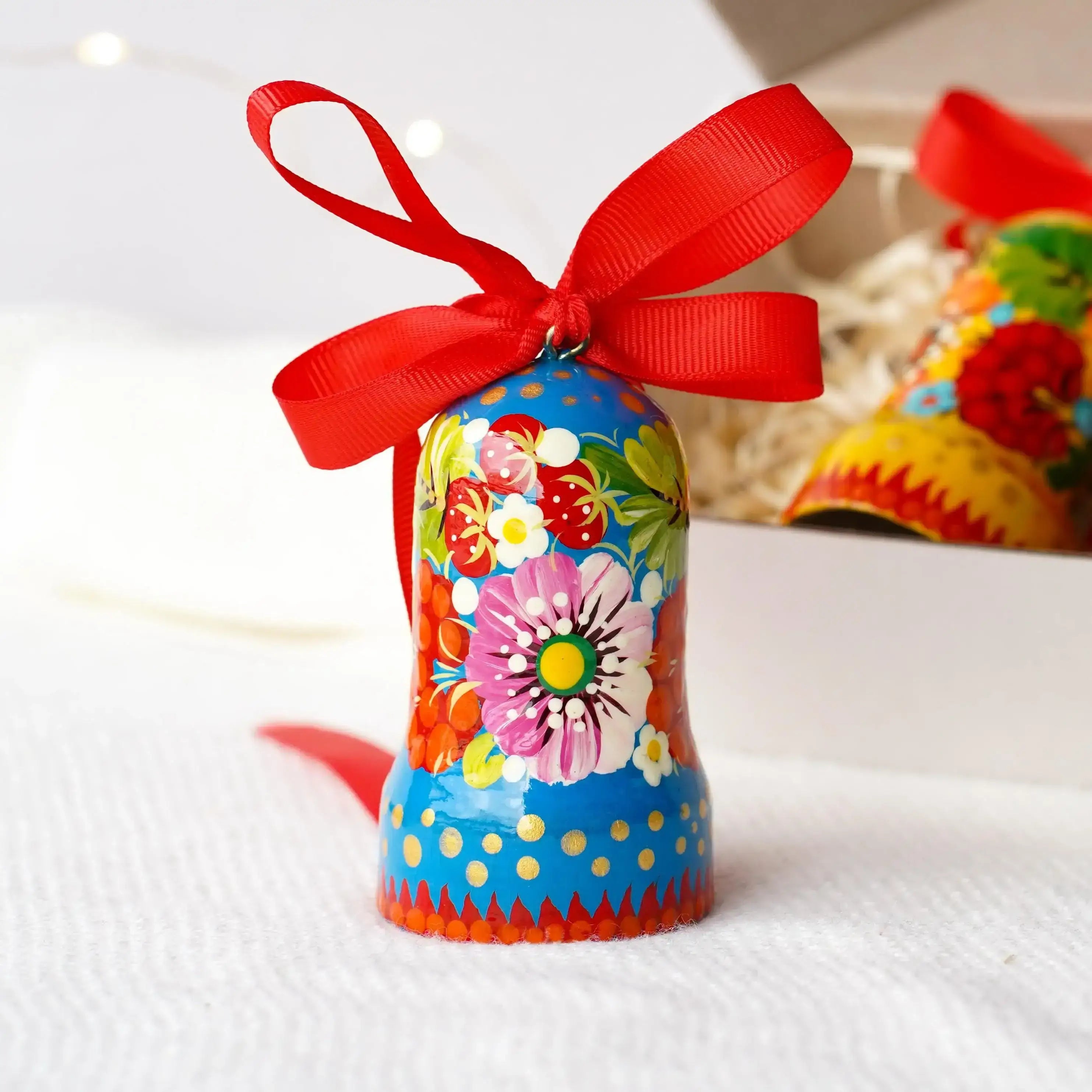 Painted Wooden Bell Christmas Ornament - Handmade Ukrainian Petrykivka Christmas Bells, Blue & Pink Flower Christmas Tree Decoration