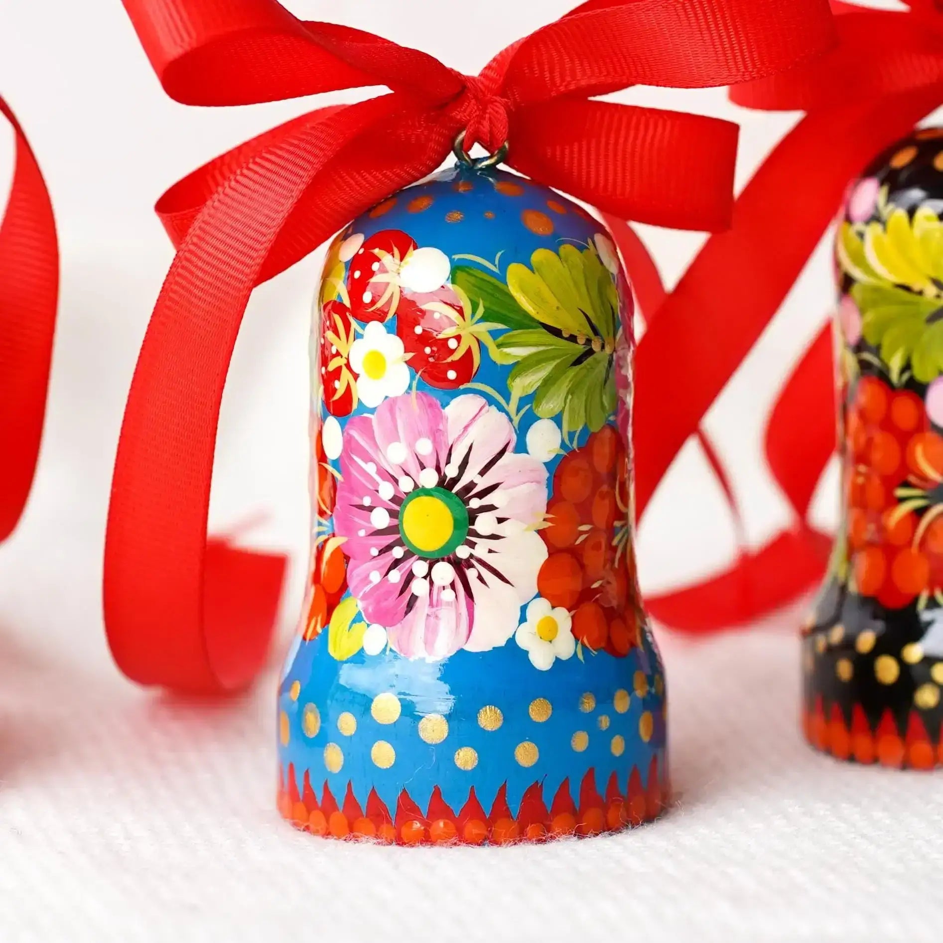 Painted Wooden Bell Christmas Ornament - Handmade Ukrainian Petrykivka Christmas Bells, Blue & Pink Flower Christmas Tree Decoration