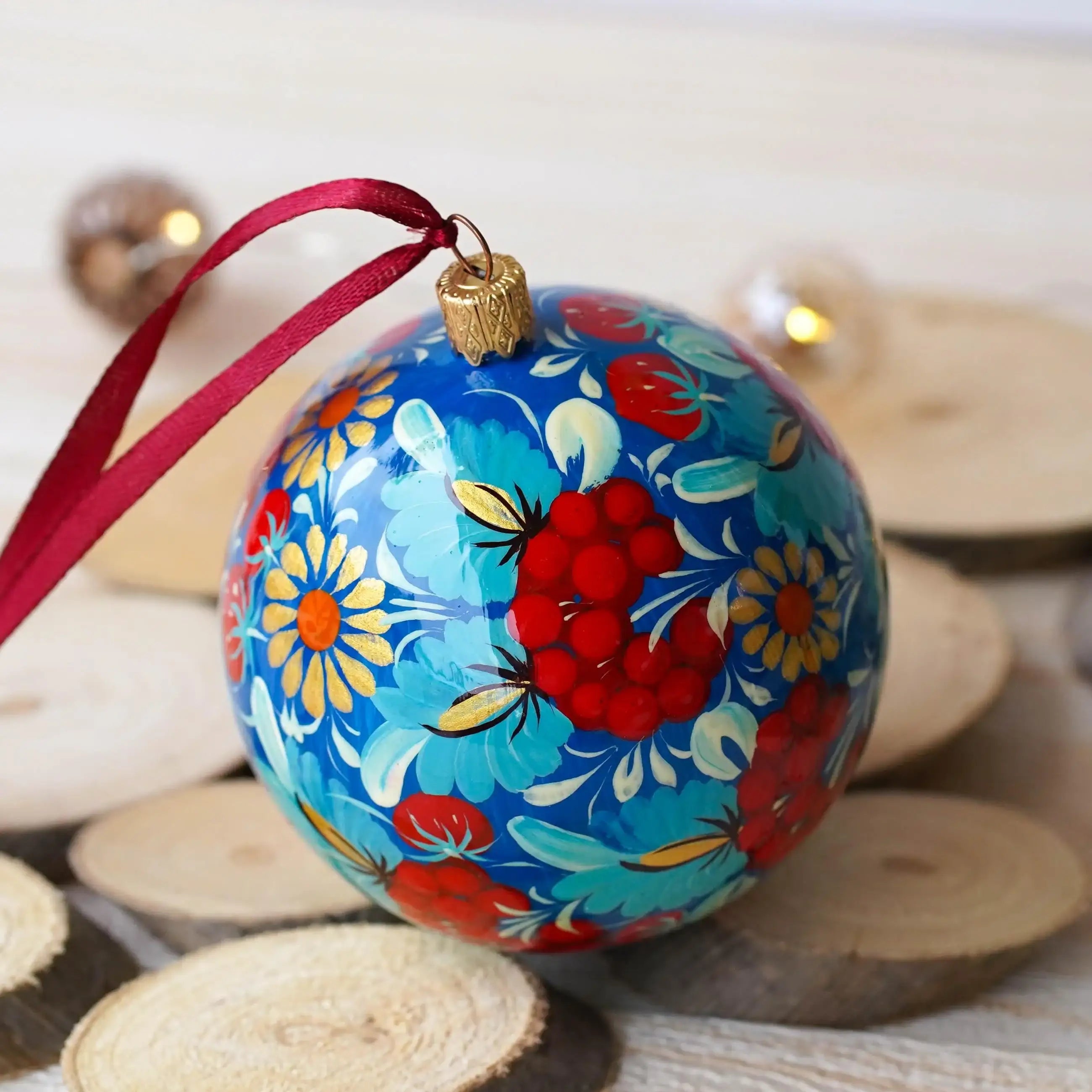 Set of 5 Painted Ukrainian Christmas Ball Ornaments 3.14 in - Handmade Petrykivka Art Flower Ornaments Set, Christmas Tree Decoration