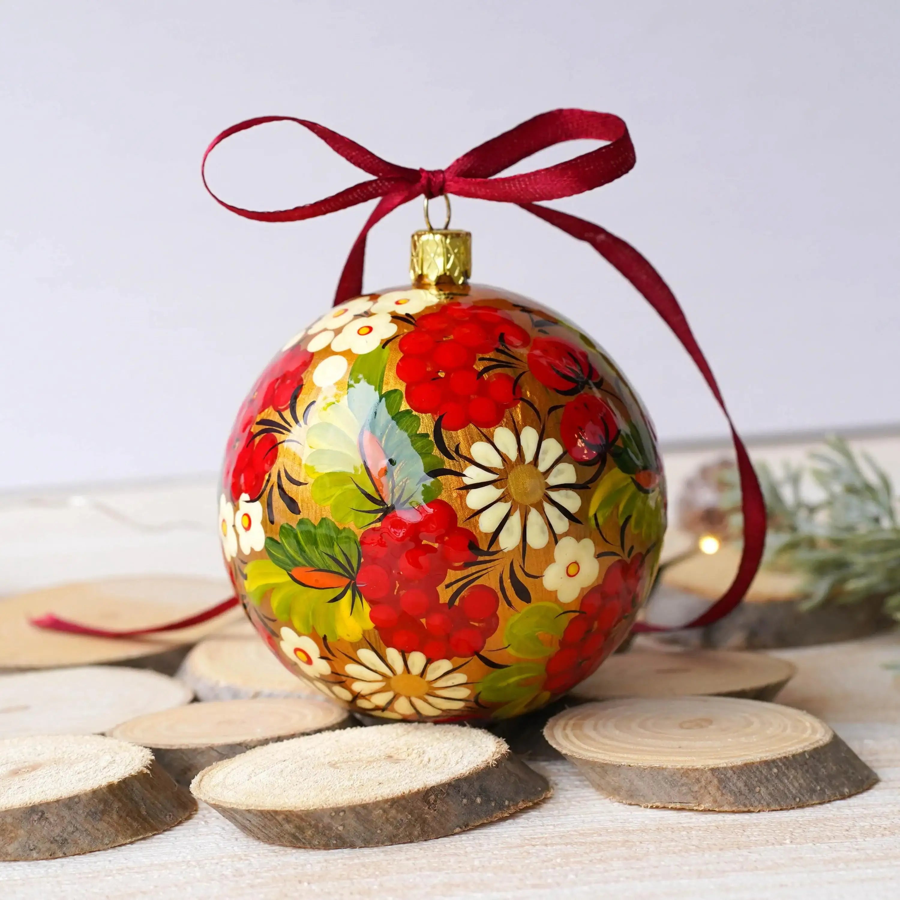 Set of 5 Painted Ukrainian Christmas Ball Ornaments 3.14 in - Handmade Petrykivka Art Flower Ornaments Set, Christmas Tree Decoration