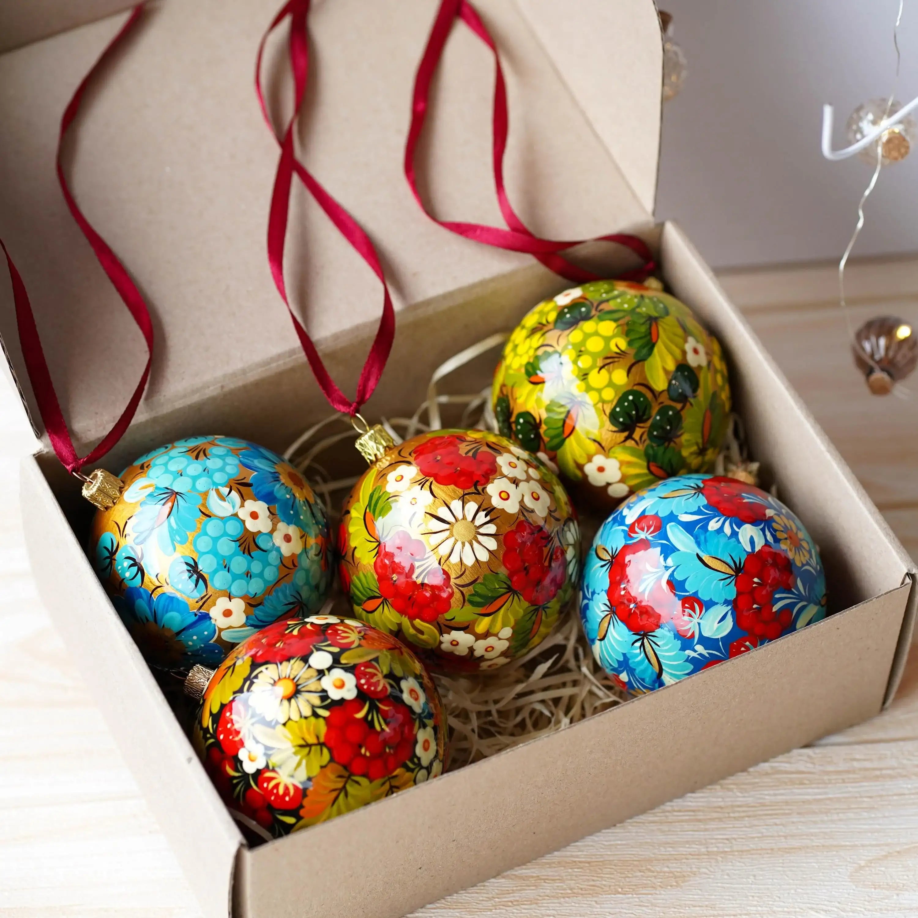 Set of 5 Painted Ukrainian Christmas Ball Ornaments 3.14 in - Handmade Petrykivka Art Flower Ornaments Set, Christmas Tree Decoration