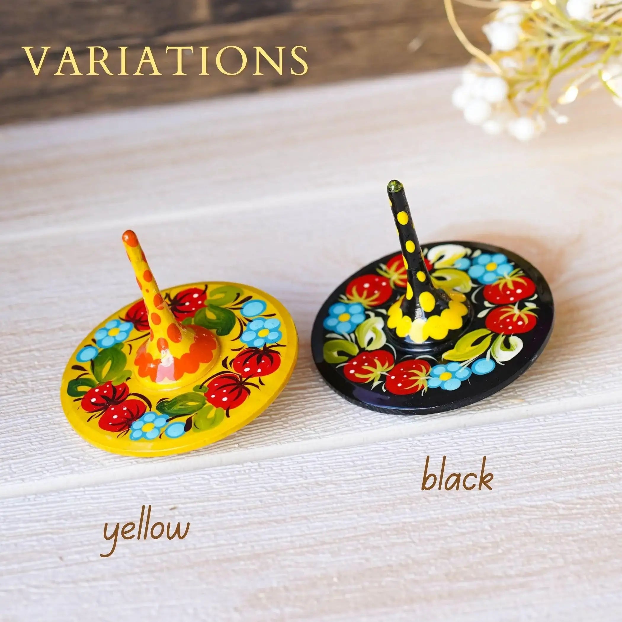 Hand-painted Wooden Spinning Top - Handmade Strawberry Spinning Top, Yellow Flower Ukrainian Spinning Top, Unique Party Bag Favor