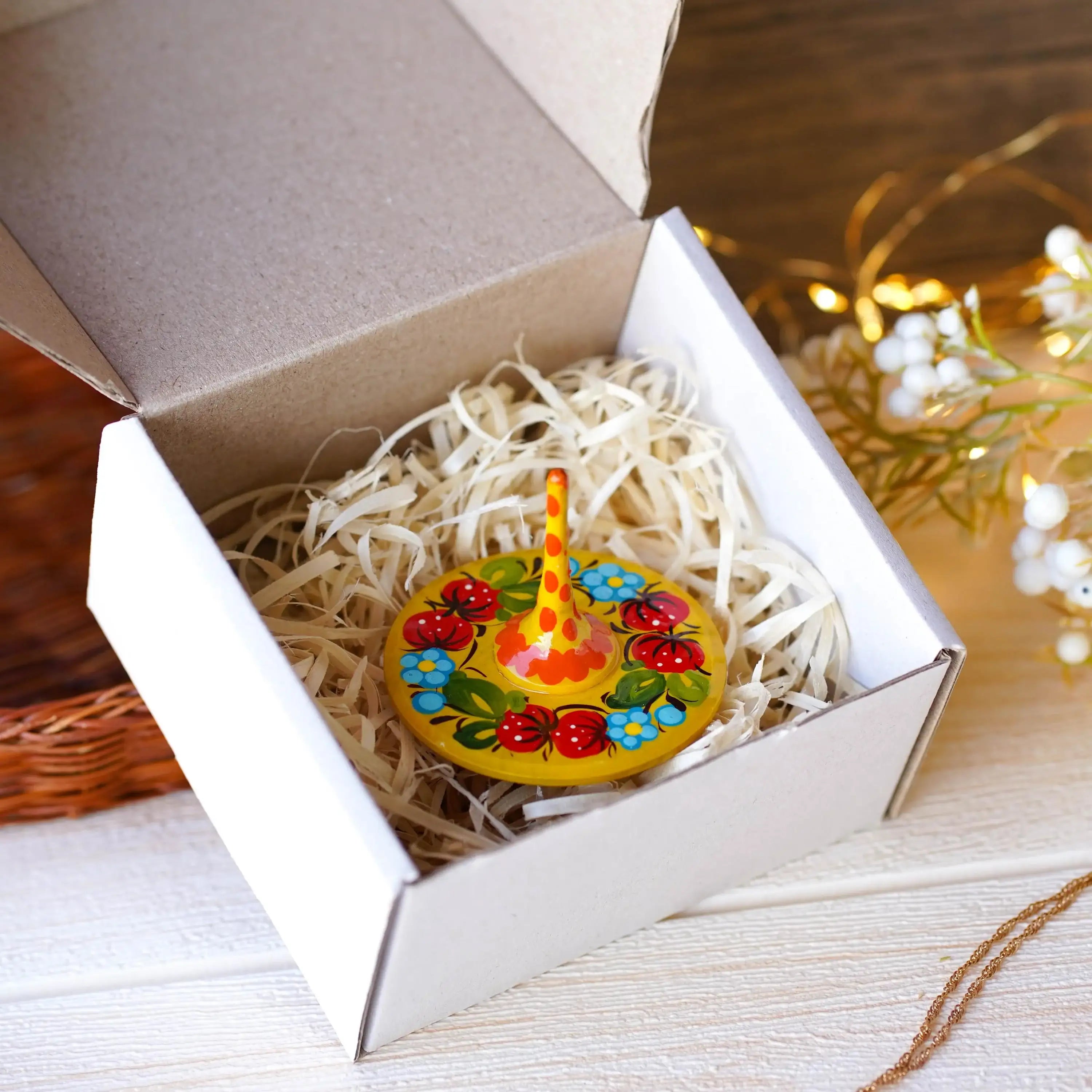 Hand-painted Wooden Spinning Top - Handmade Strawberry Spinning Top, Yellow Flower Ukrainian Spinning Top, Unique Party Bag Favor