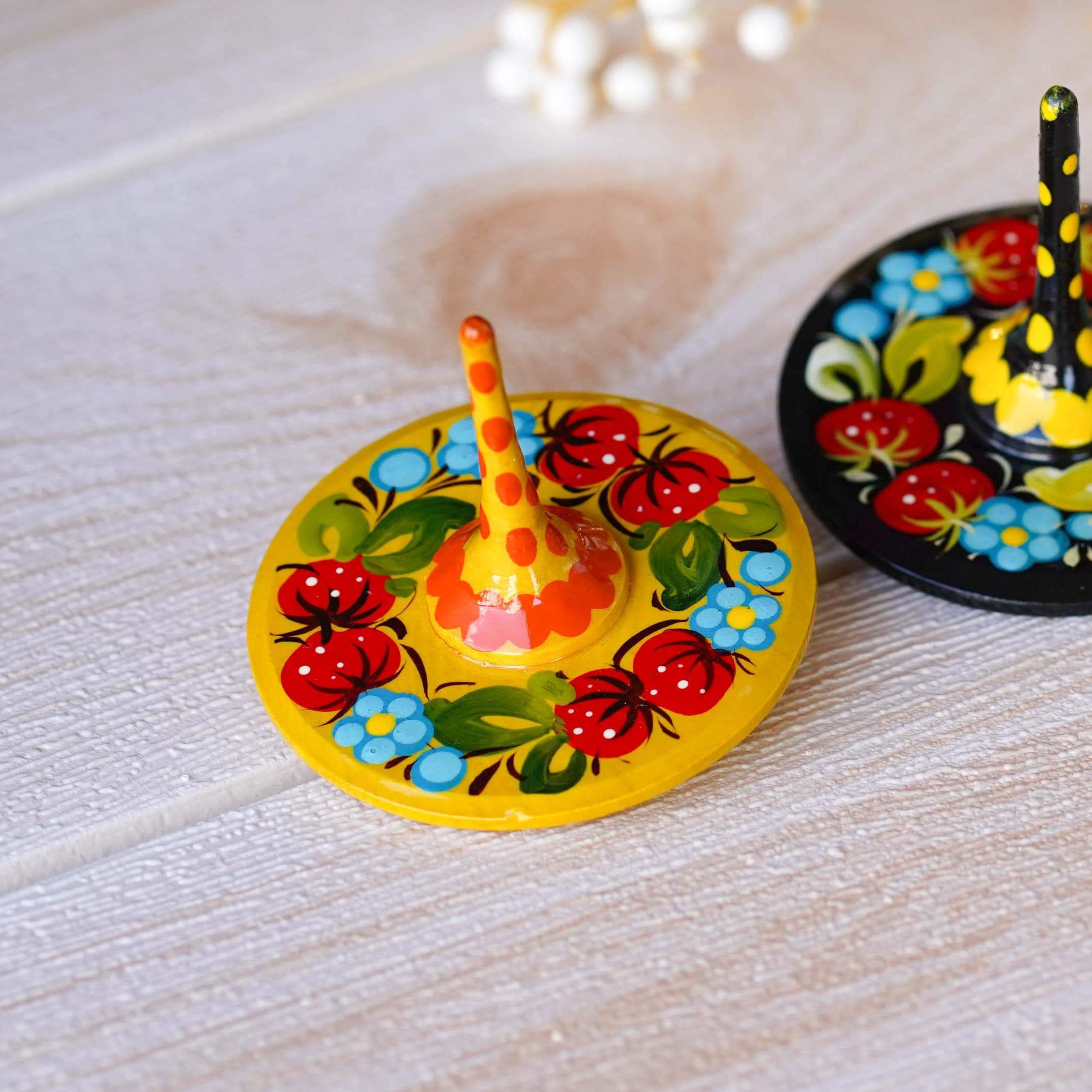 Hand-painted Wooden Spinning Top - Handmade Strawberry Spinning Top, Yellow Flower Ukrainian Spinning Top, Unique Party Bag Favor