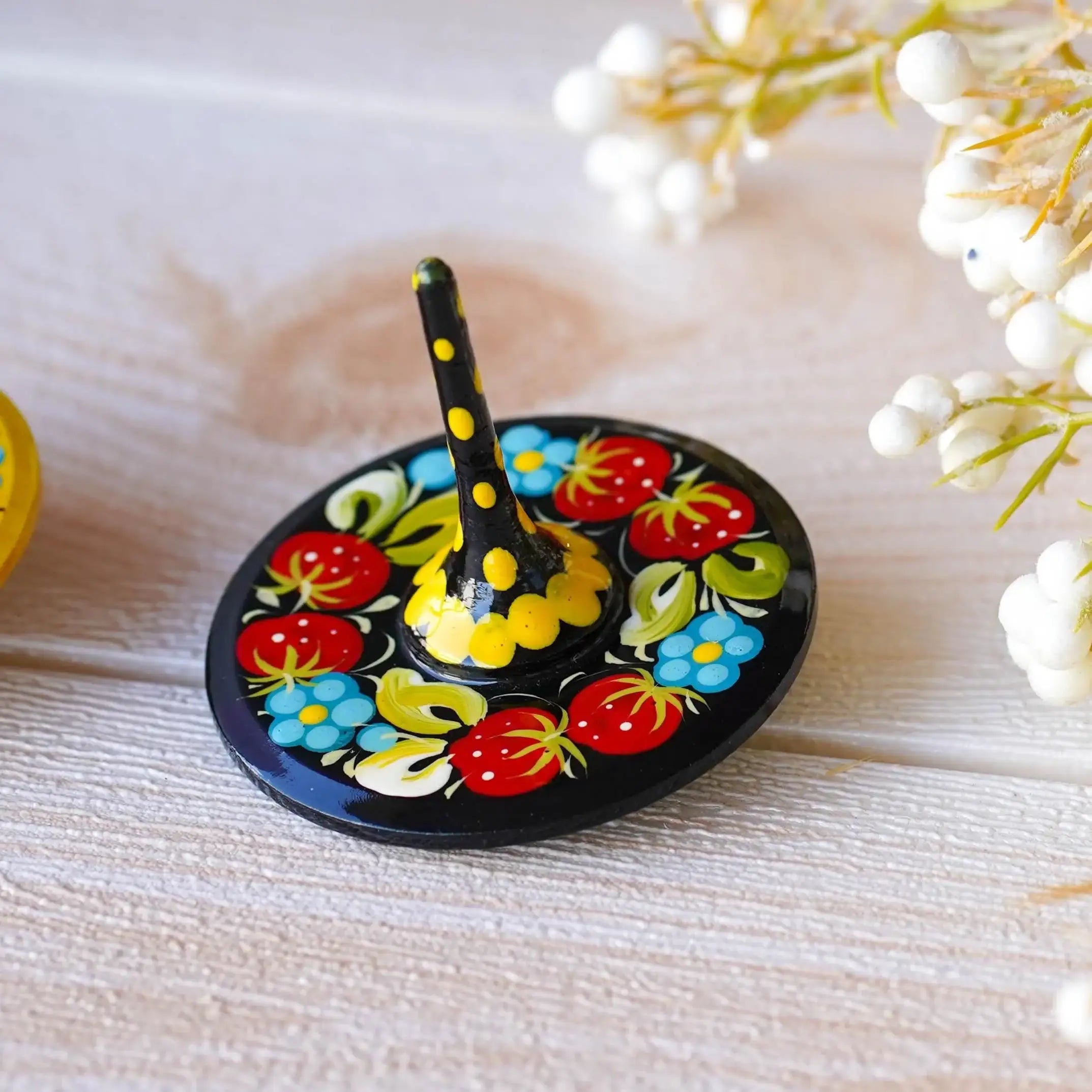Hand-painted Wooden Spinning Top - Handmade Strawberry Spinning Top, Yellow Flower Ukrainian Spinning Top, Unique Party Bag Favor