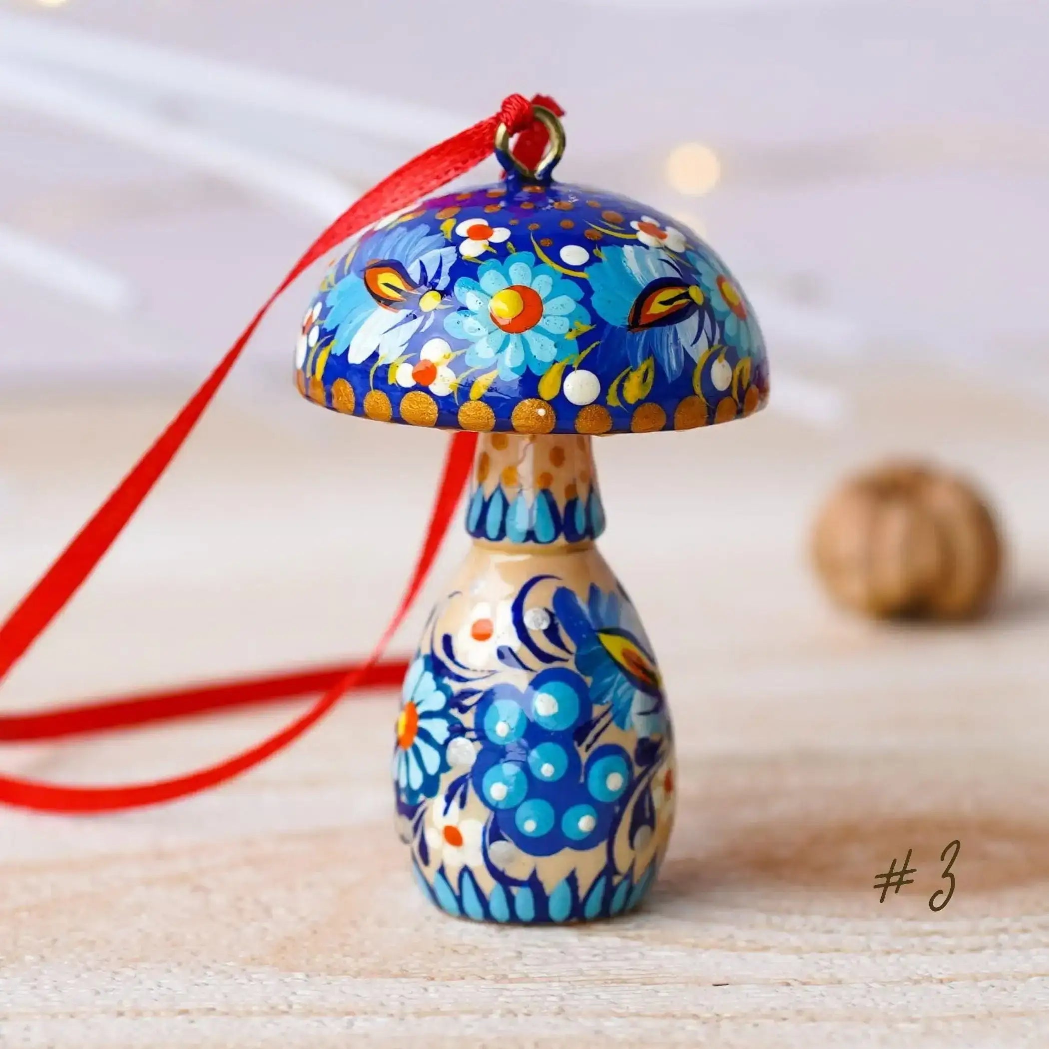 Hand-painted Wooden Blue Mushroom Ornament - Handmade Ukrainian Petrykivka Christmas Tree Hanging Ornament