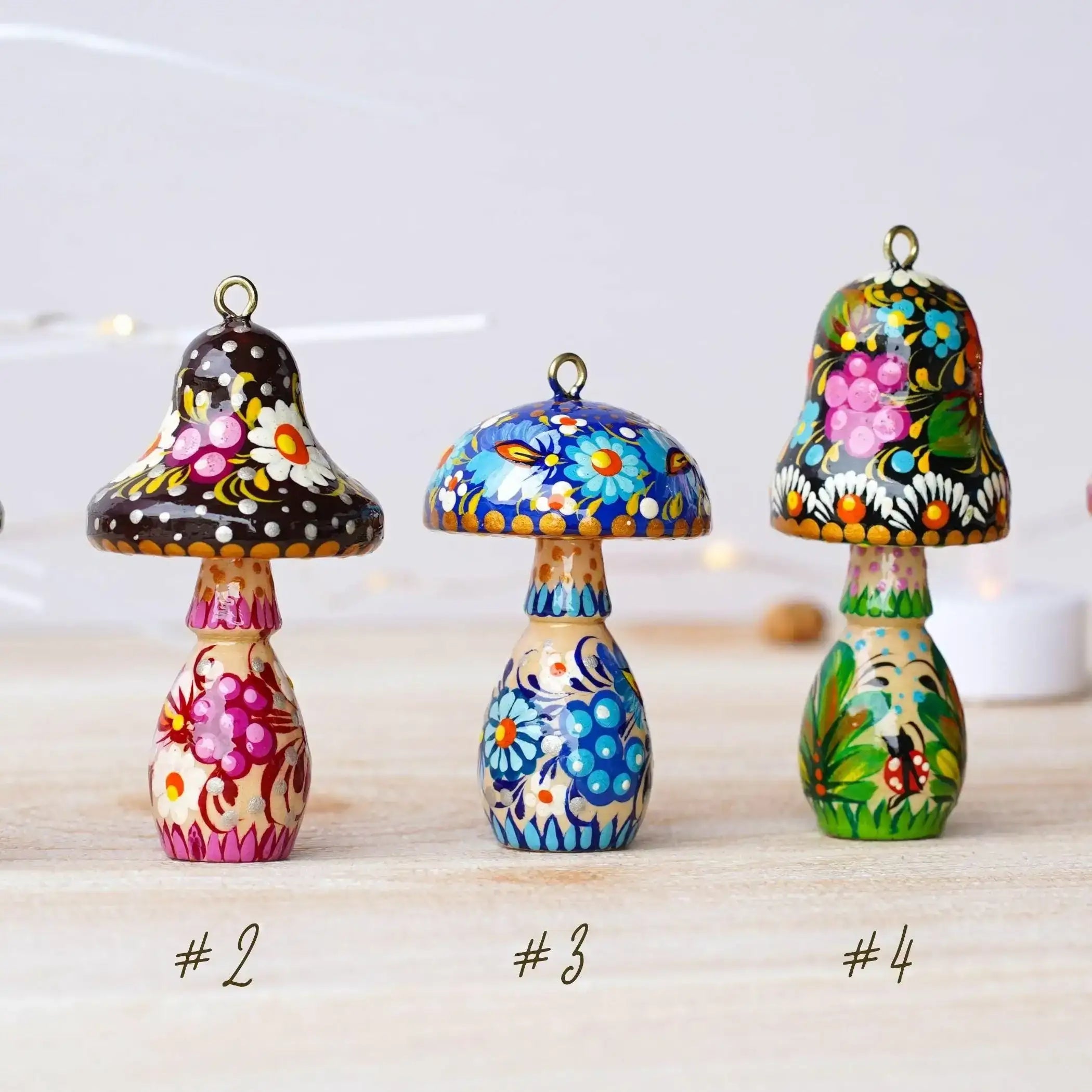 Hand-painted Wooden Blue Mushroom Ornament - Handmade Ukrainian Petrykivka Christmas Tree Hanging Ornament