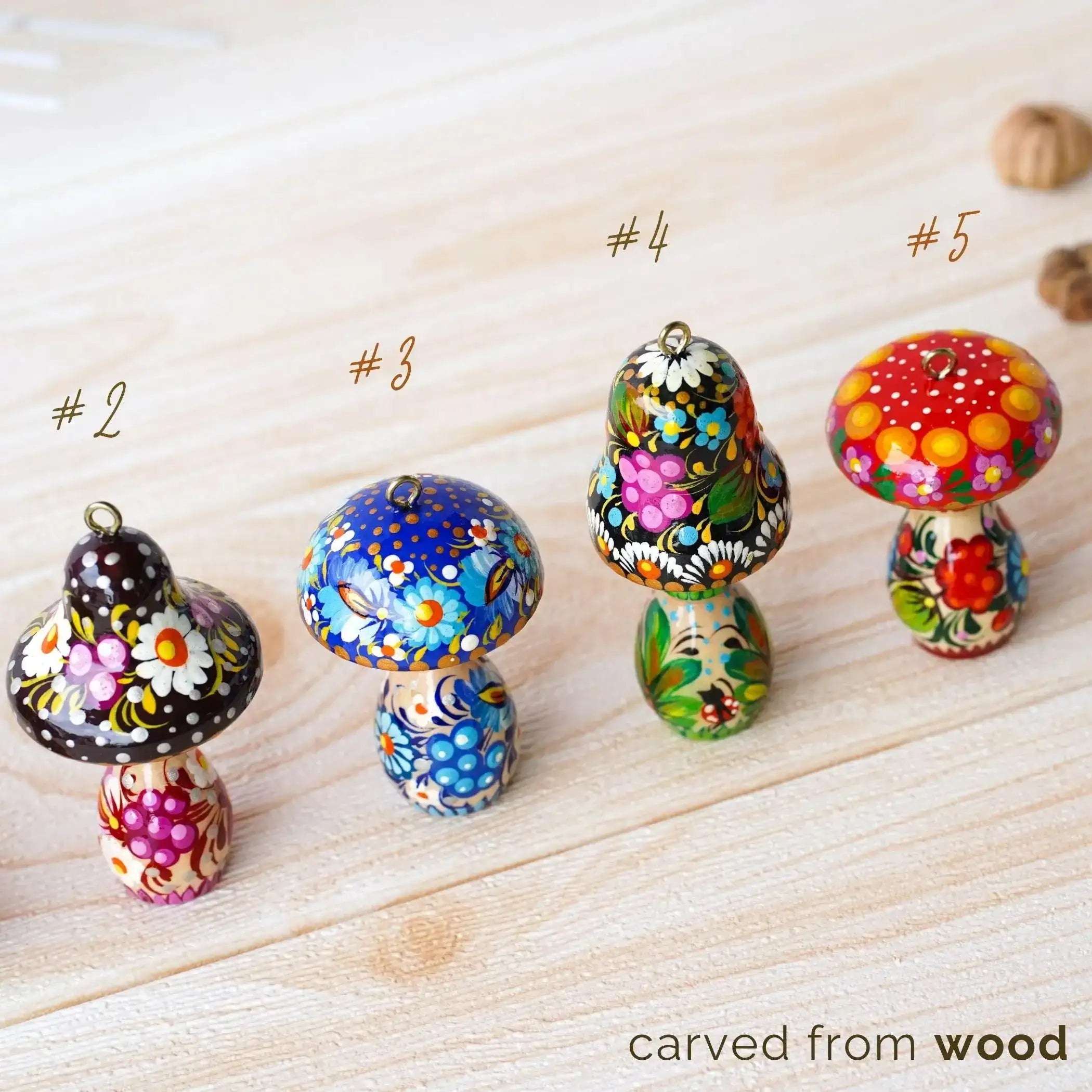 Hand-painted Wooden Blue Mushroom Ornament - Handmade Ukrainian Petrykivka Christmas Tree Hanging Ornament