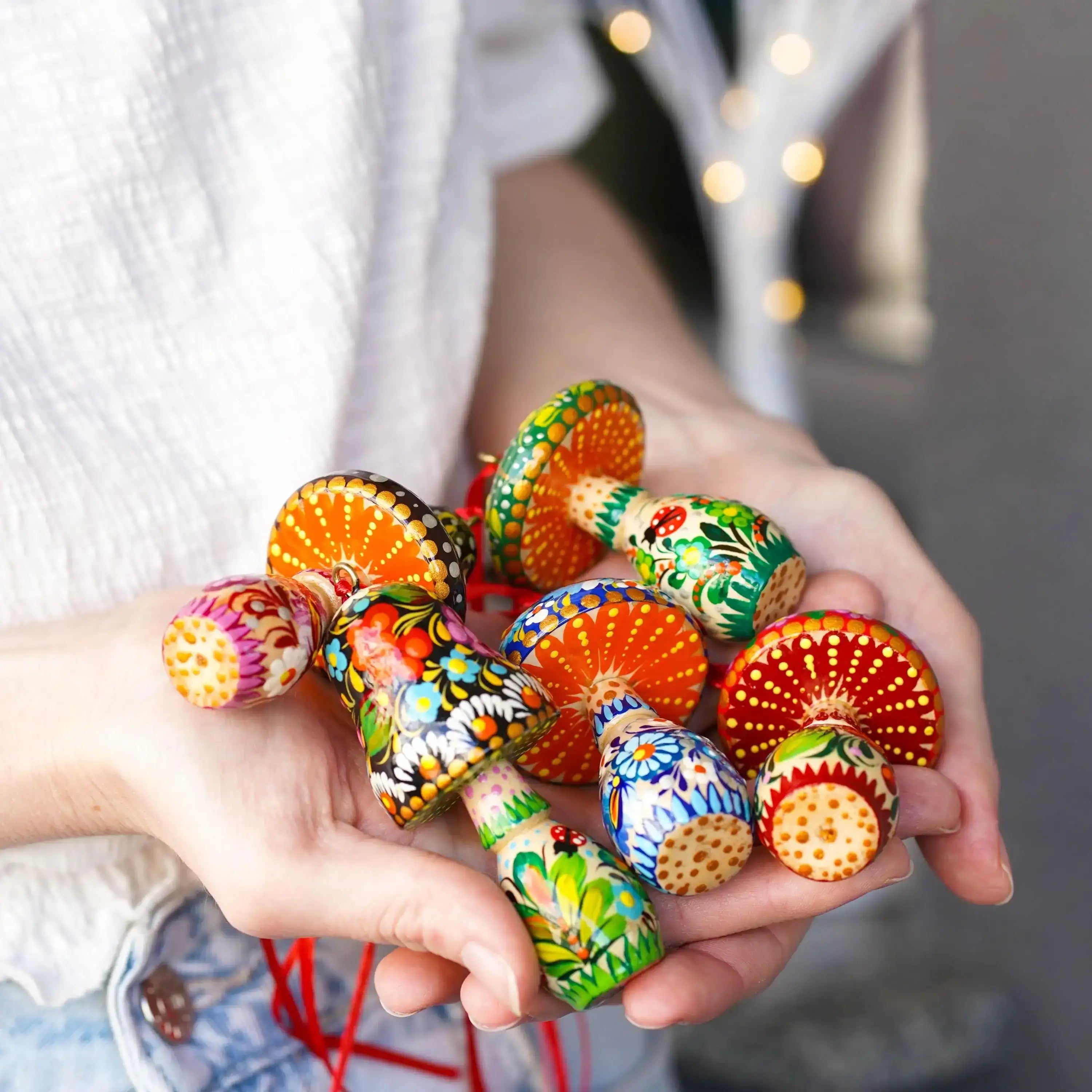 Hand-painted Wooden Blue Mushroom Ornament - Handmade Ukrainian Petrykivka Christmas Tree Hanging Ornament