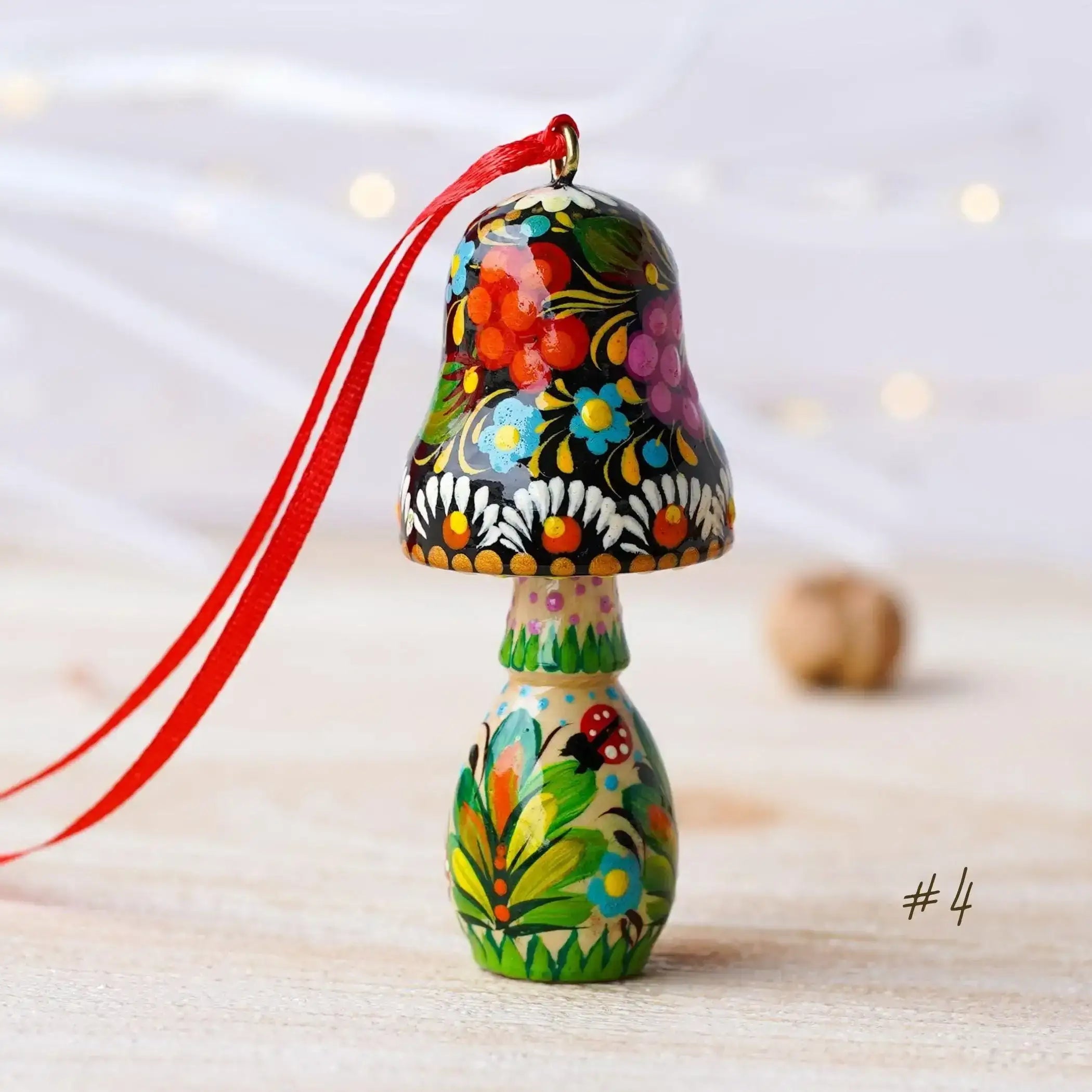 Painted Wooden Green Mushroom Ornament - Handmade Ukrainian Petrykivka Christmas Tree Hanging Ornament