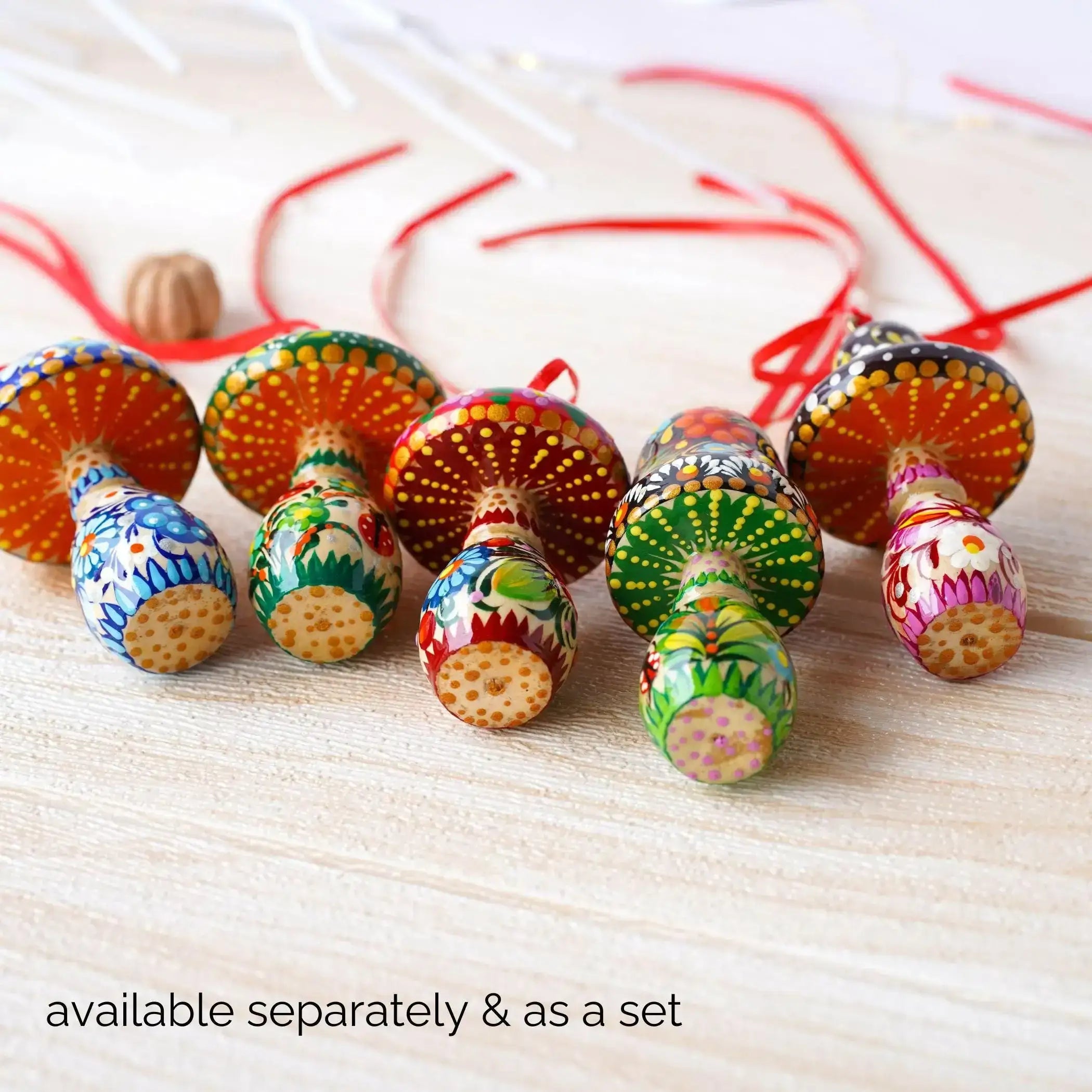 Painted Wooden Green Mushroom Ornament - Handmade Ukrainian Petrykivka Christmas Tree Hanging Ornament
