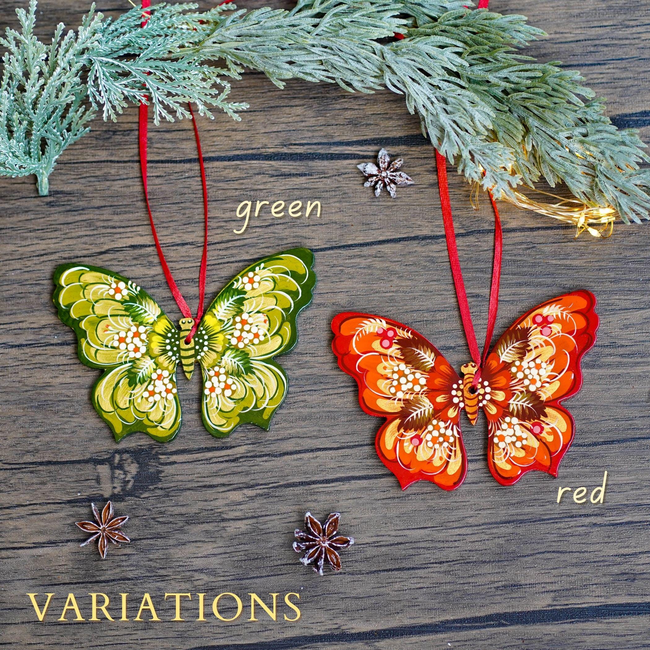 Hand-Painted Wooden Butterfly Ornament - Green Flower Butterfly Christmas Tree Decoration with Ukrainian Petrykivka Art