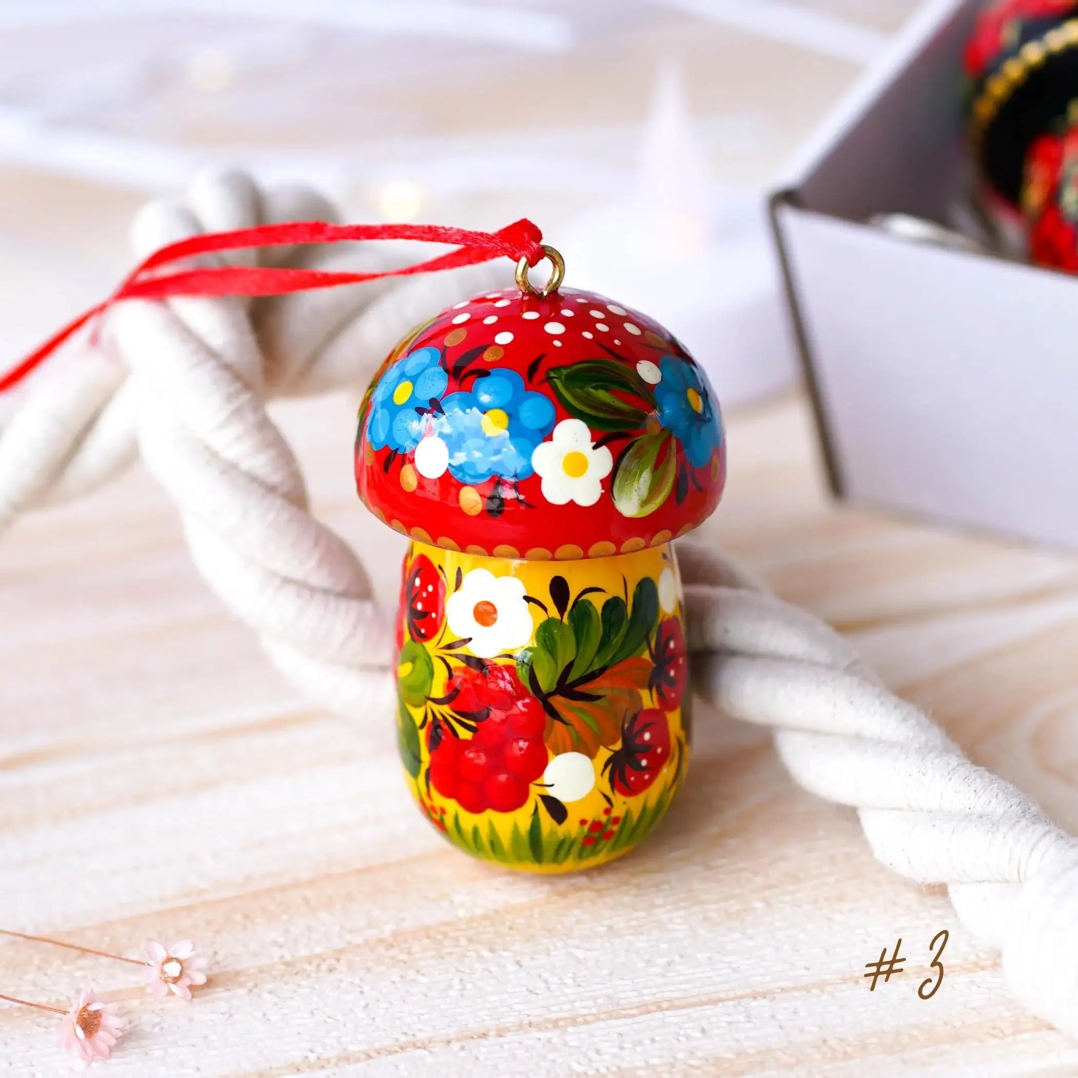 Fillable Painted Mushroom Ornament - Handmade Ukrainian Keepsake Ornament with Openable Lid & Space for Gift, Red Flower Petrykivka Ornament