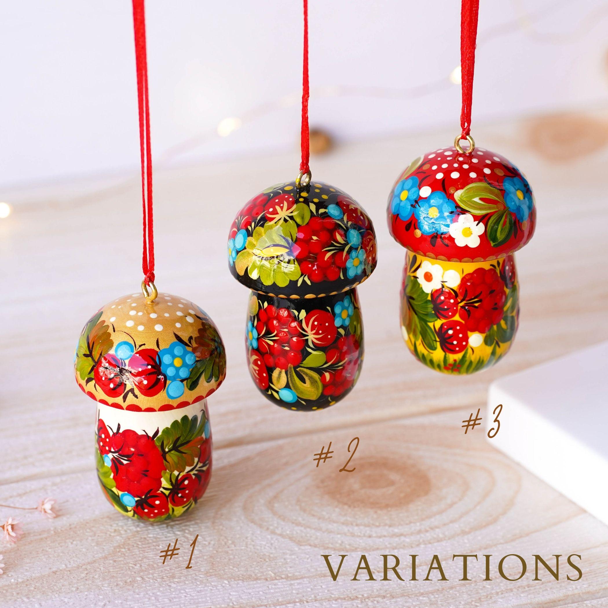 Fillable Painted Mushroom Ornament - Handmade Ukrainian Ornament with Openable Lid & Space for Gift, Red Strawberry Petrykivka Tree Ornament