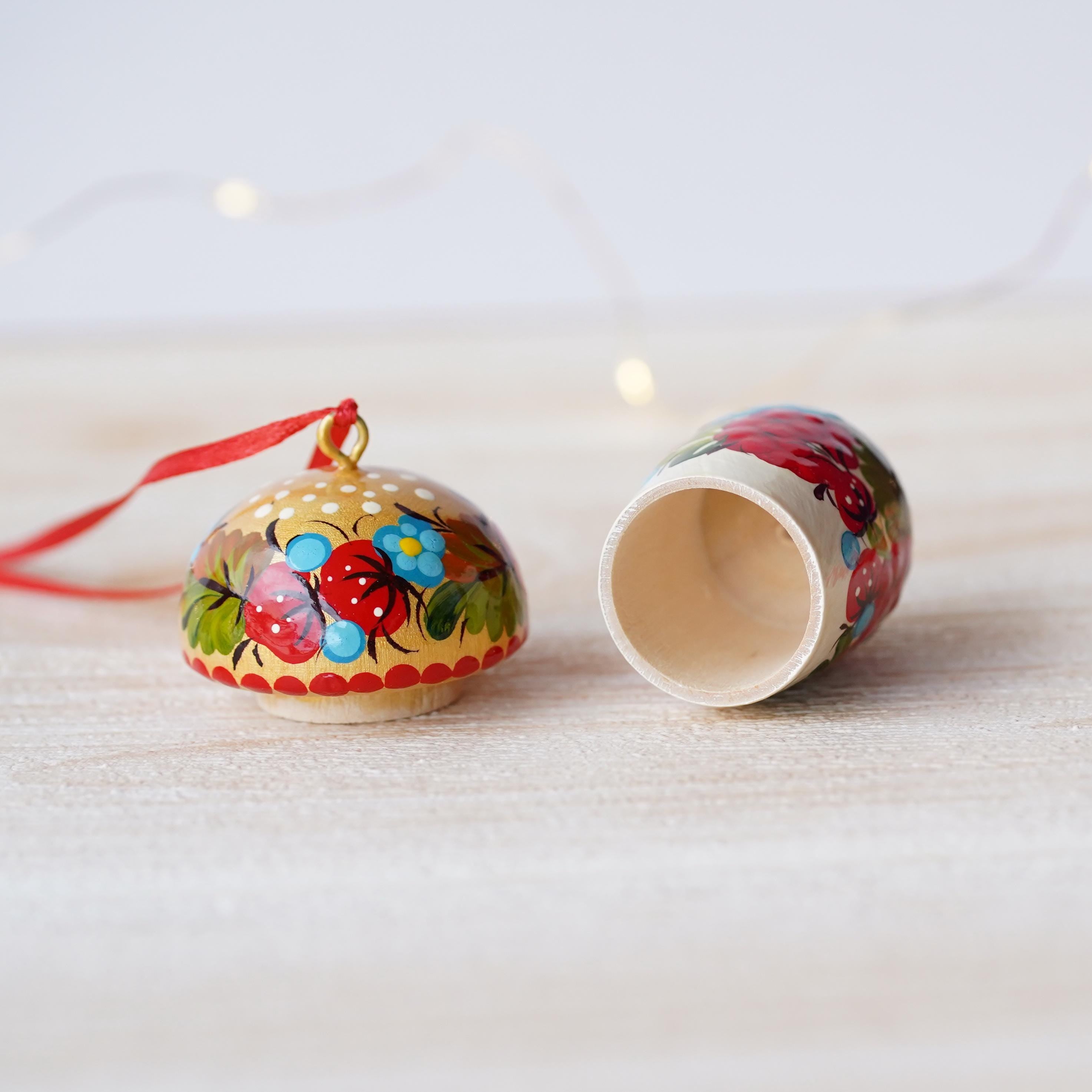 Fillable Painted Mushroom Ornament - Handmade Ukrainian Strawberry Ornament with Openable Lid & Space for Gift, Flower Petrykivka Ornament