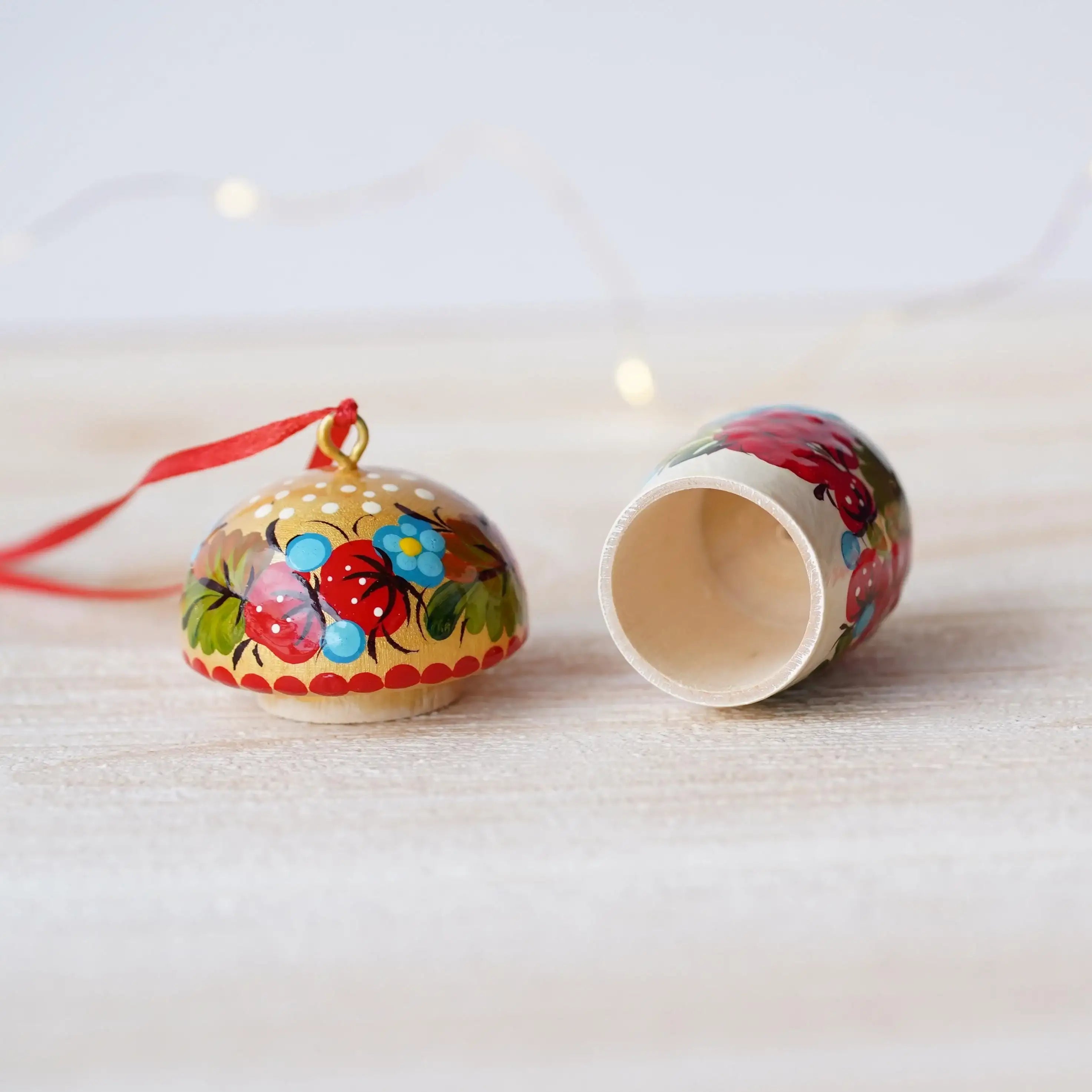 Fillable Painted Mushroom Ornament - Handmade Ukrainian Strawberry Ornament with Openable Lid & Space for Gift, Flower Petrykivka Ornament