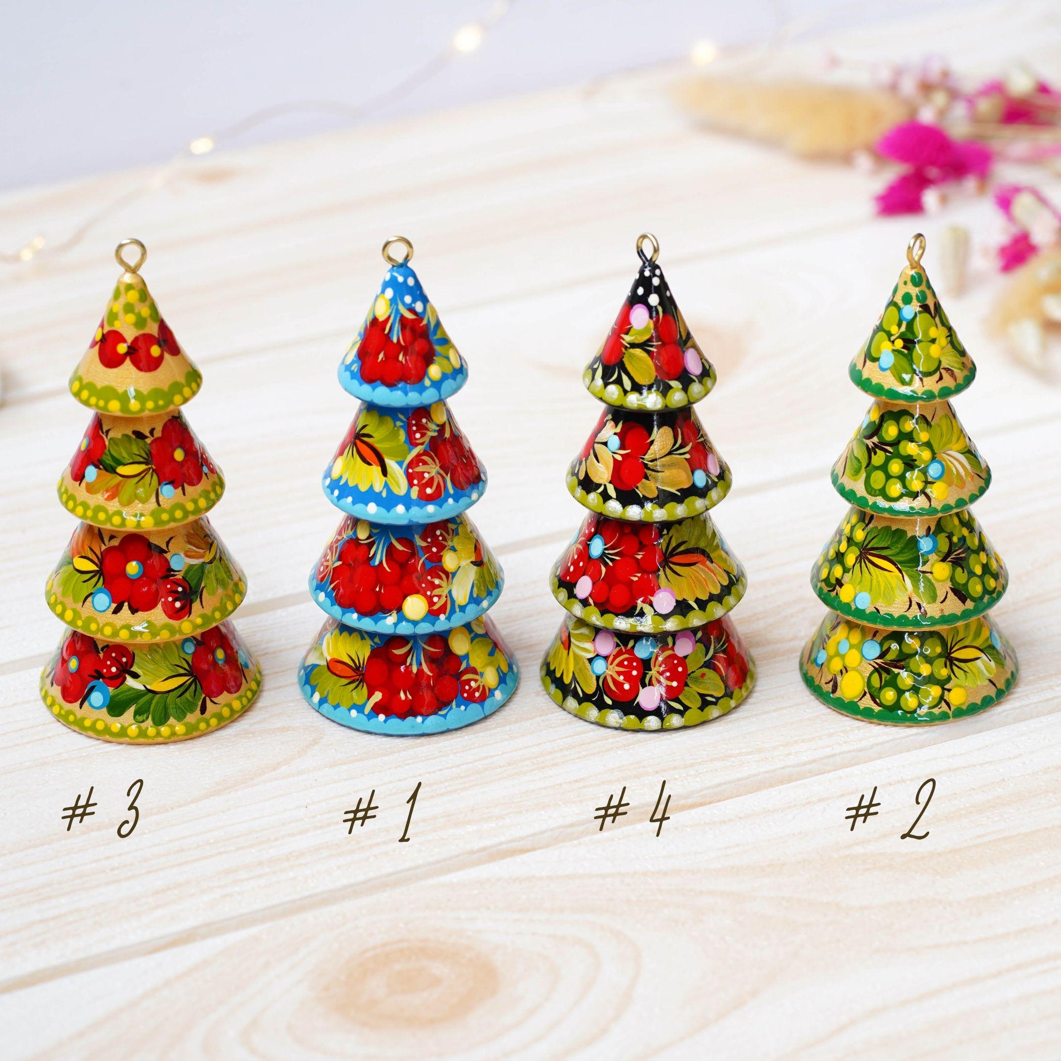 Hand-painted Wooden Christmas Tree-Shaped Ornament - Handmade Ukrainian Petrykivka Art Christmas Decoration, Red & Blue Dimensional Tree