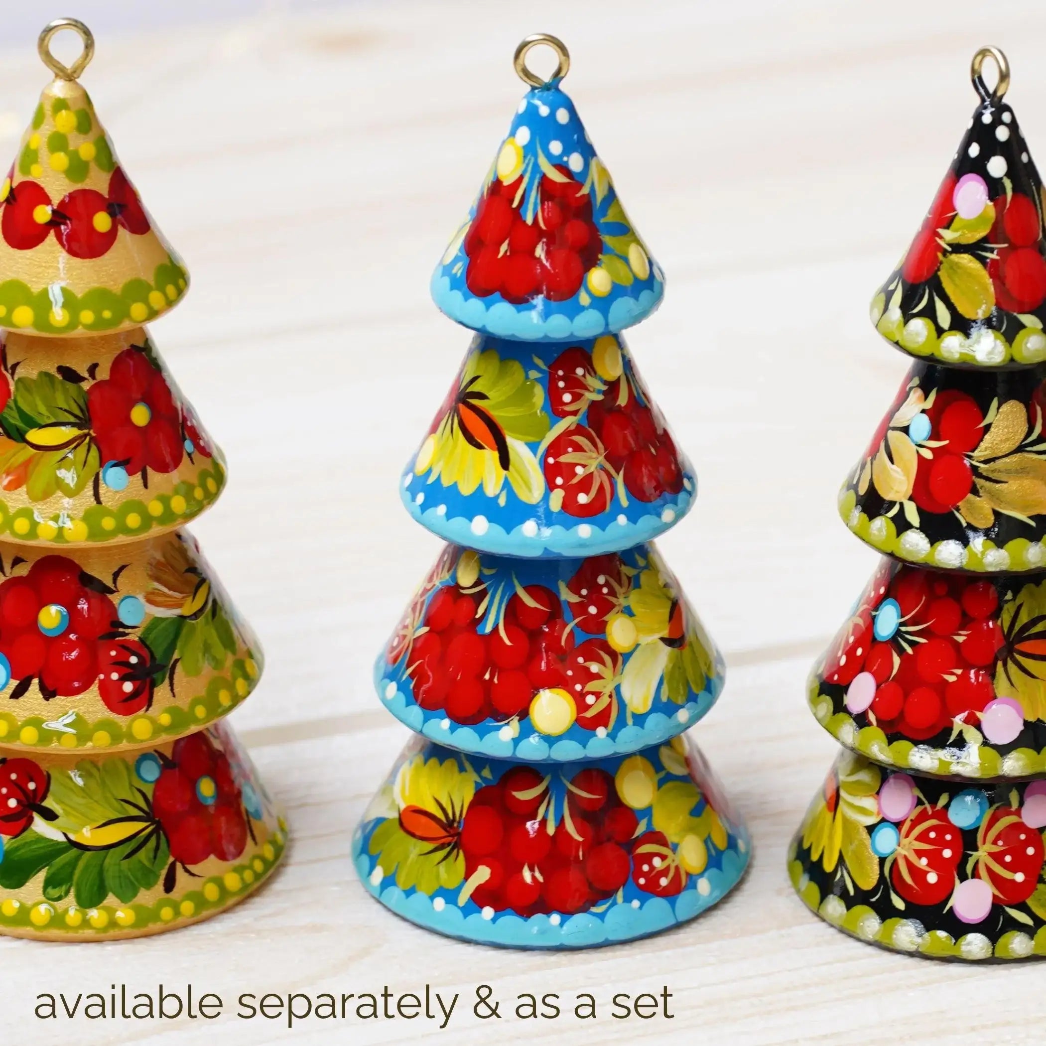 Hand-painted Wooden Christmas Tree-Shaped Ornament - Handmade Ukrainian Petrykivka Art Christmas Decoration, Red & Blue Dimensional Tree