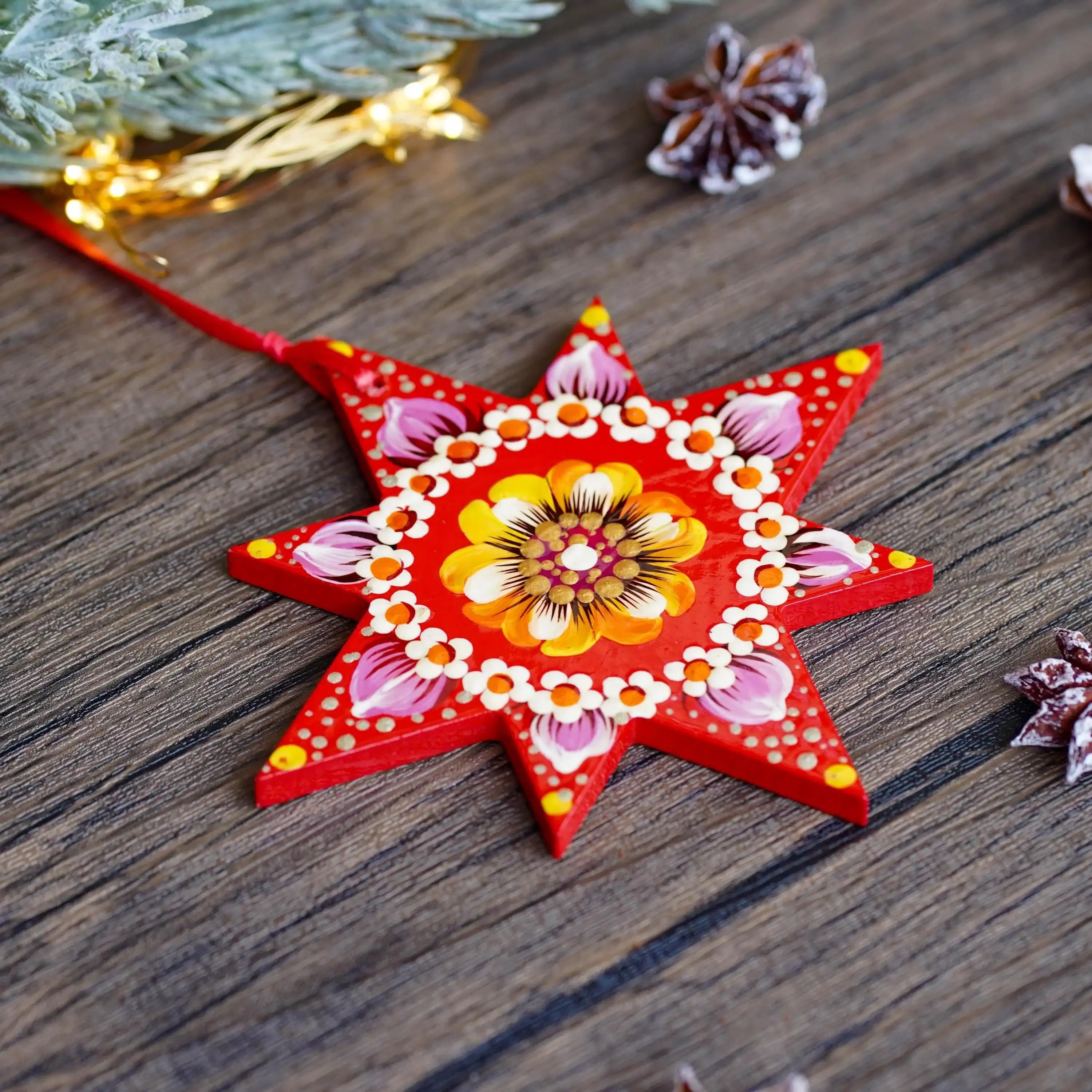 Set of 4 Hand-painted Wooden Star Christmas Ornaments - Handmade Ukrainian Pertykivka Christmas Tree Decorations, Flower Hanging Ornaments
