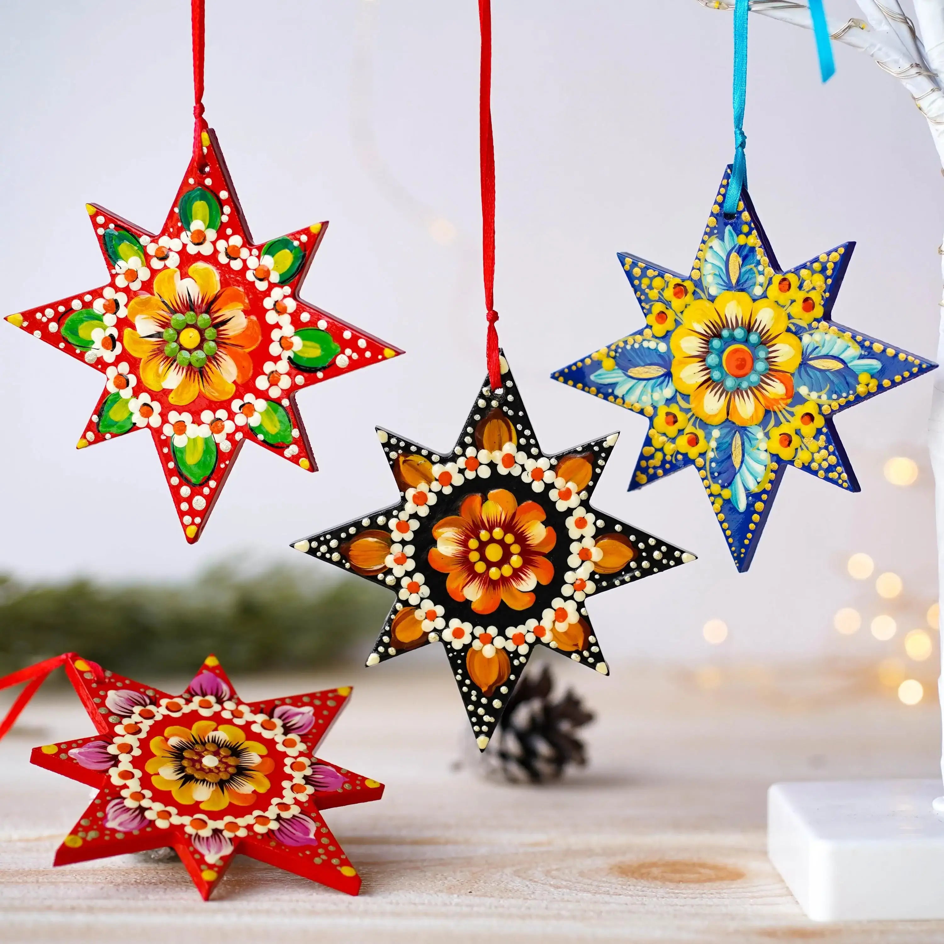 Set of 4 Hand-painted Wooden Star Christmas Ornaments - Handmade Ukrainian Pertykivka Christmas Tree Decorations, Flower Hanging Ornaments