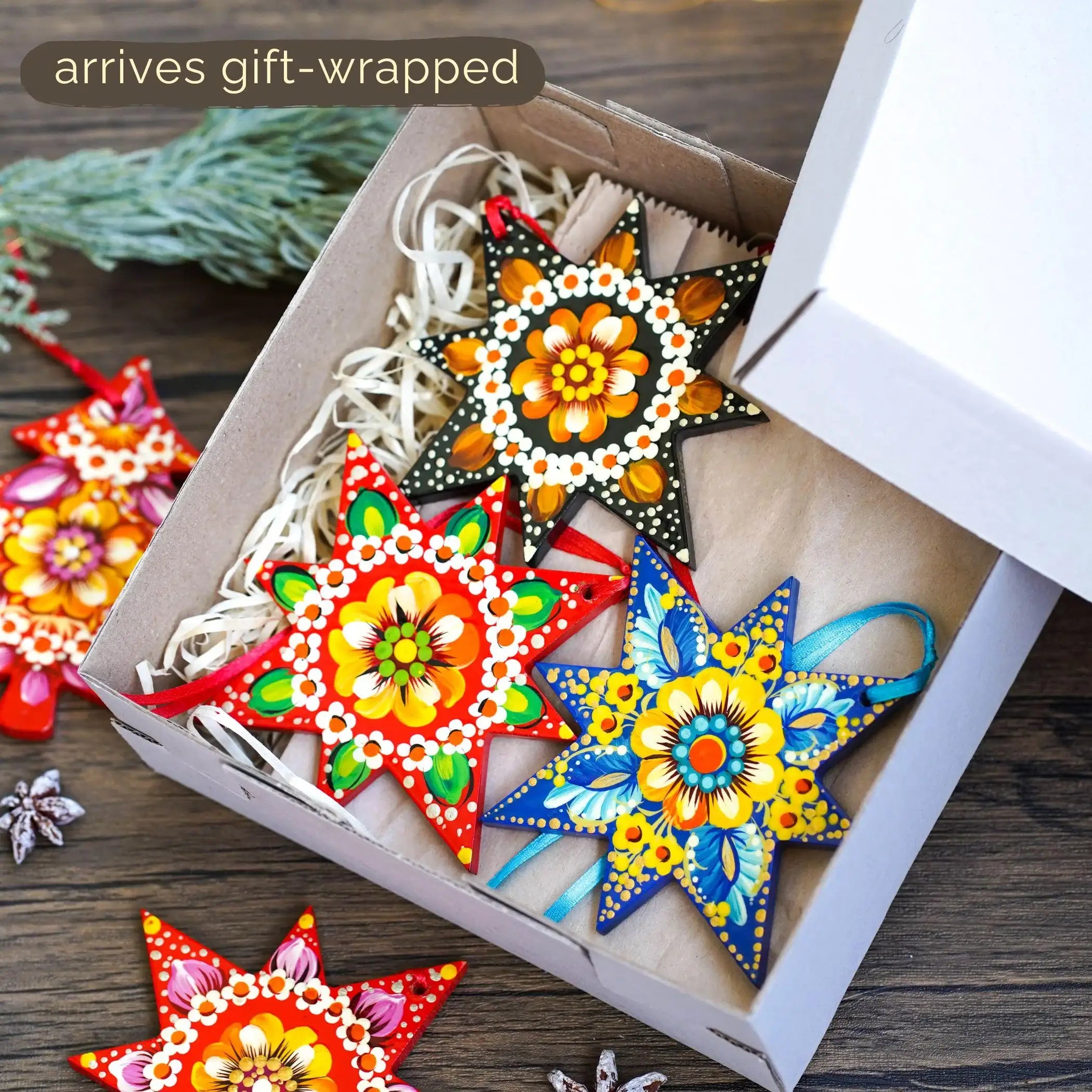 Set of 4 Hand-painted Wooden Star Christmas Ornaments - Handmade Ukrainian Pertykivka Christmas Tree Decorations, Flower Hanging Ornaments